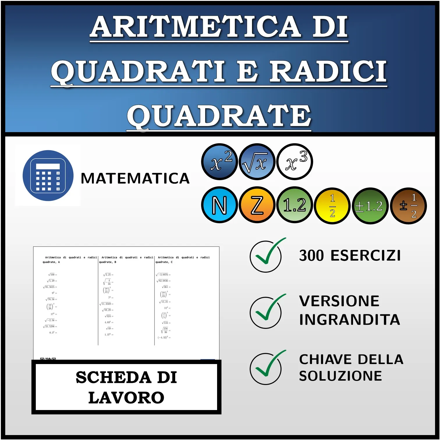 Scheda di lavoro: Aritmetica di quadrati e radici quadrate