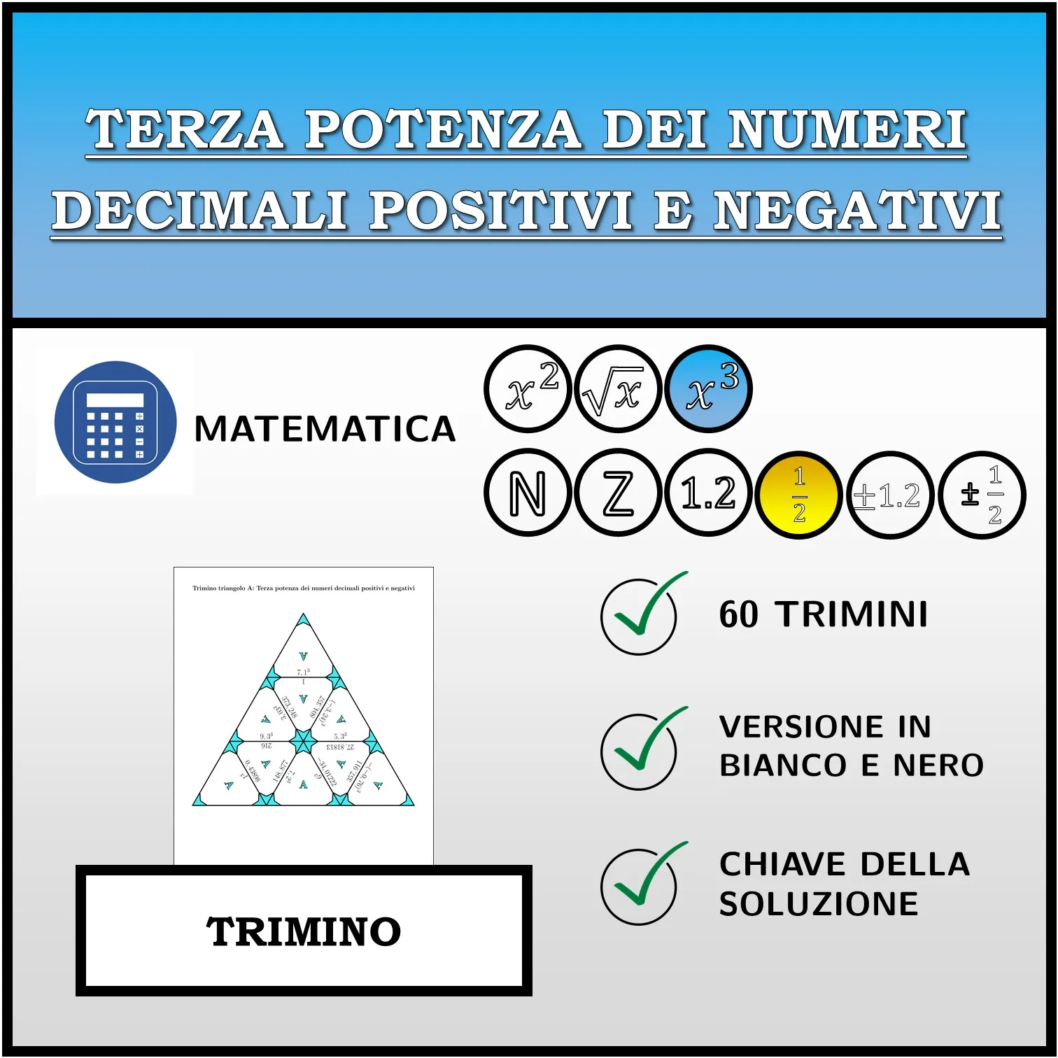 Trimino: Terza potenza dei numeri decimali positivi e negativi