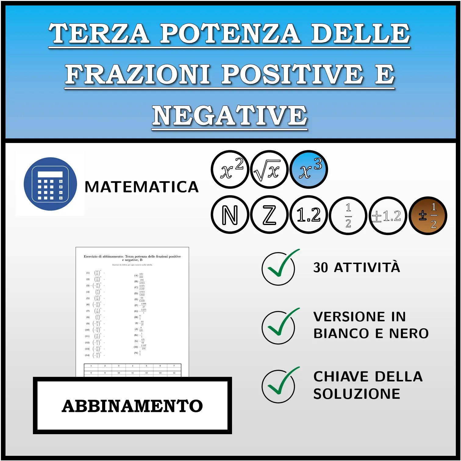 Esercizio di abbinamento: Terza potenza delle frazioni positive e negative