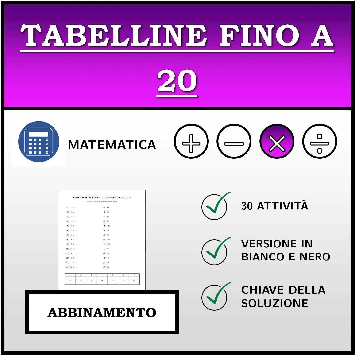 Esercizio di abbinamento: Tabelline fino a 20