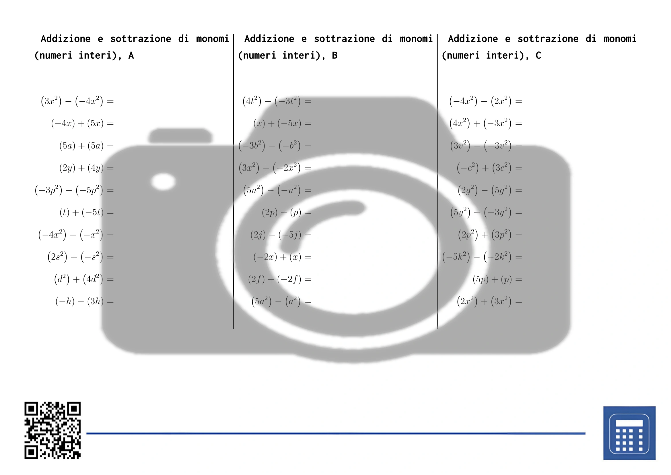 Scheda di lavoro: Addizione e sottrazione di monomi (numeri interi) - immagine 2