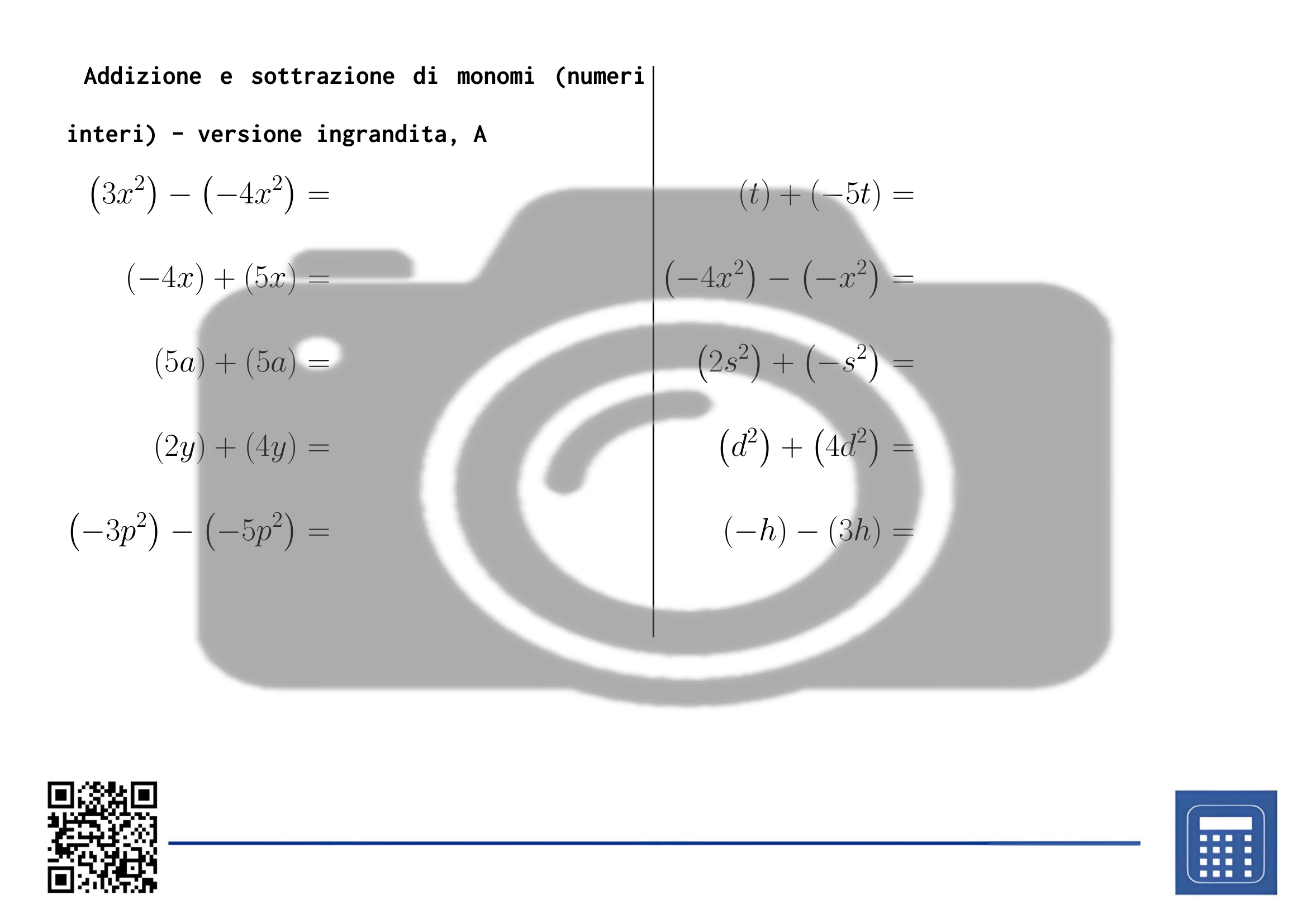 Scheda di lavoro: Addizione e sottrazione di monomi (numeri interi) - immagine 3