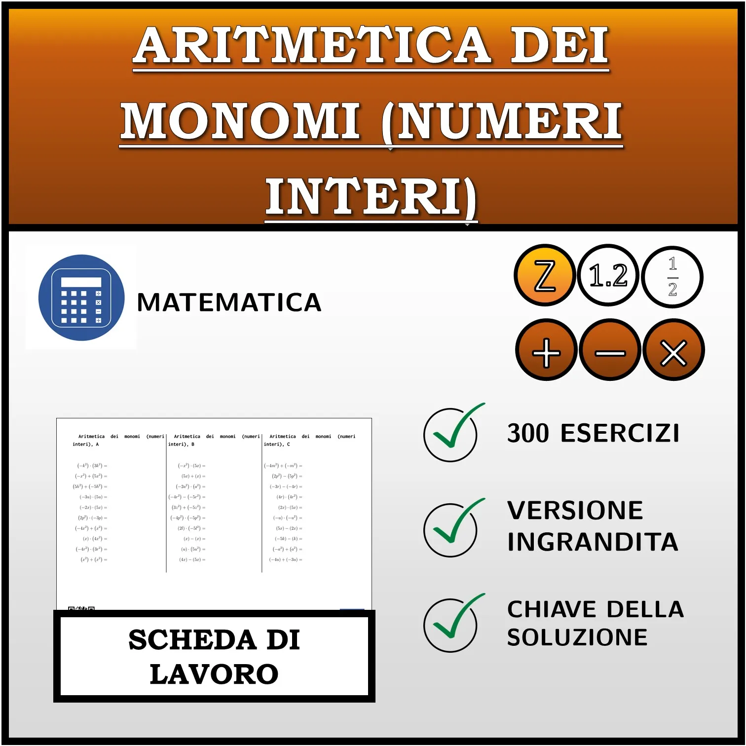Scheda di lavoro: Aritmetica dei monomi (numeri interi)