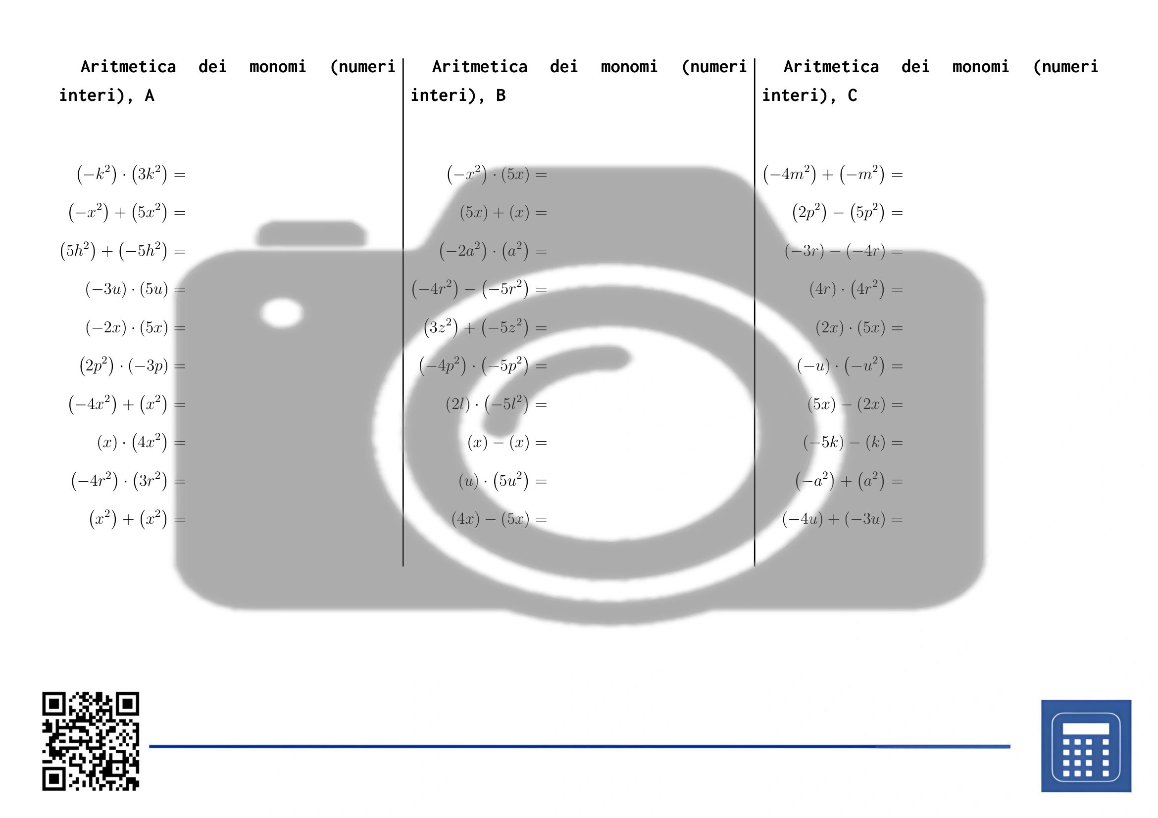Scheda di lavoro: Aritmetica dei monomi (numeri interi) - immagine 2