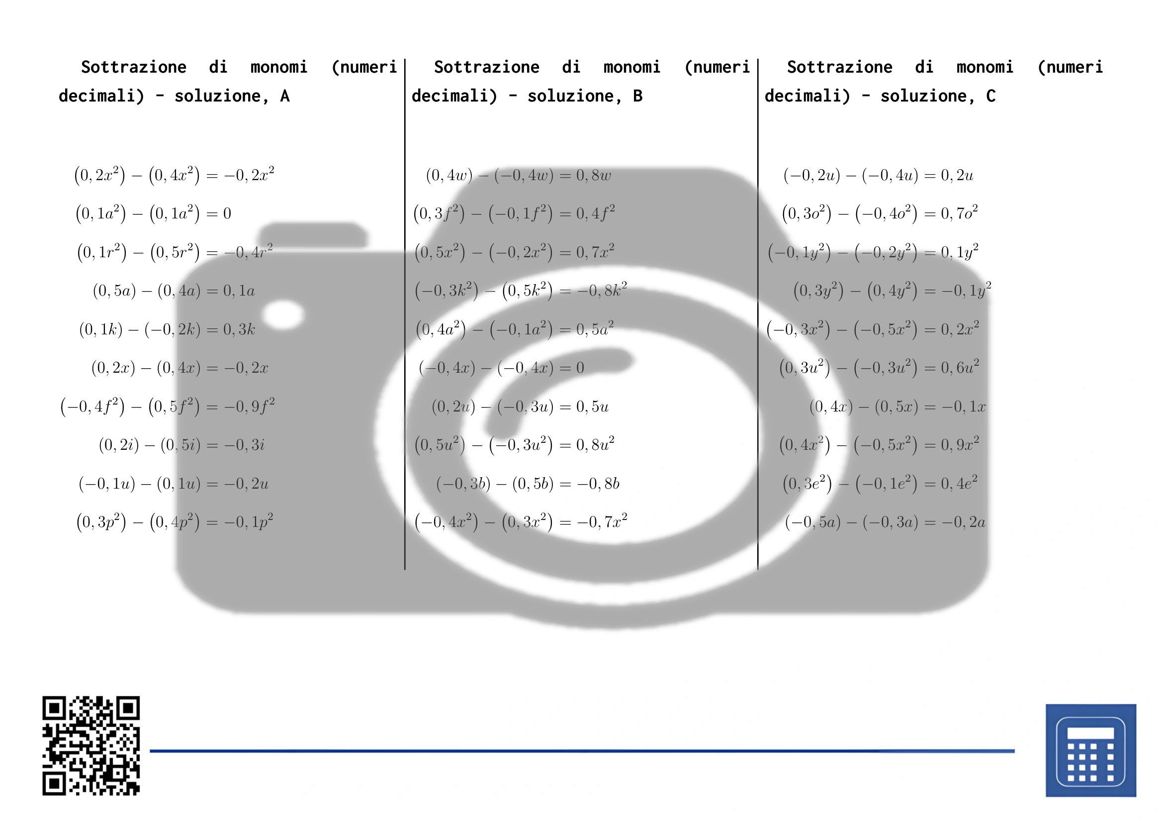 Scheda di lavoro: Sottrazione di monomi (numeri decimali) - immagine 4
