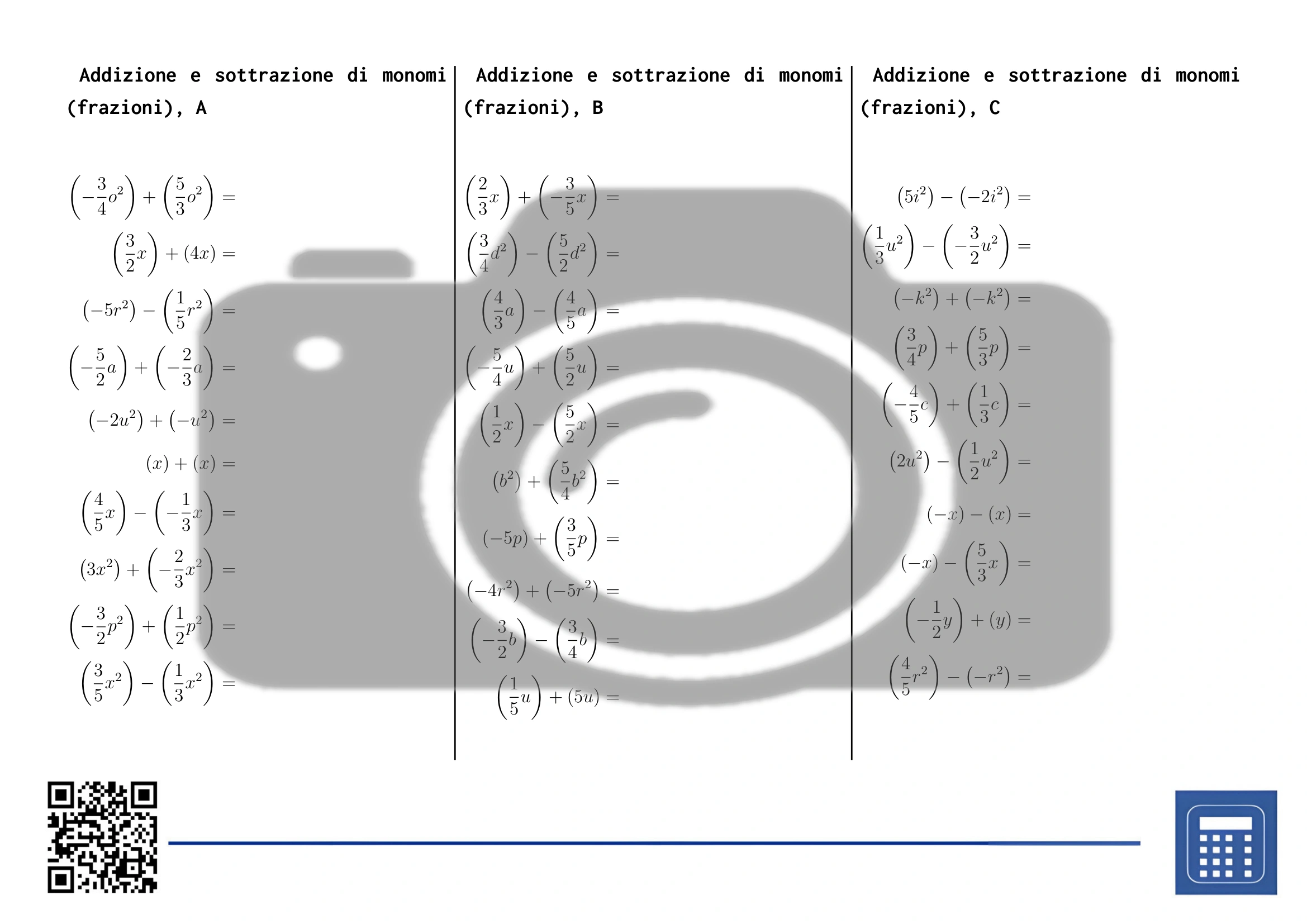 Scheda di lavoro: Addizione e sottrazione di monomi (frazioni) - immagine 2