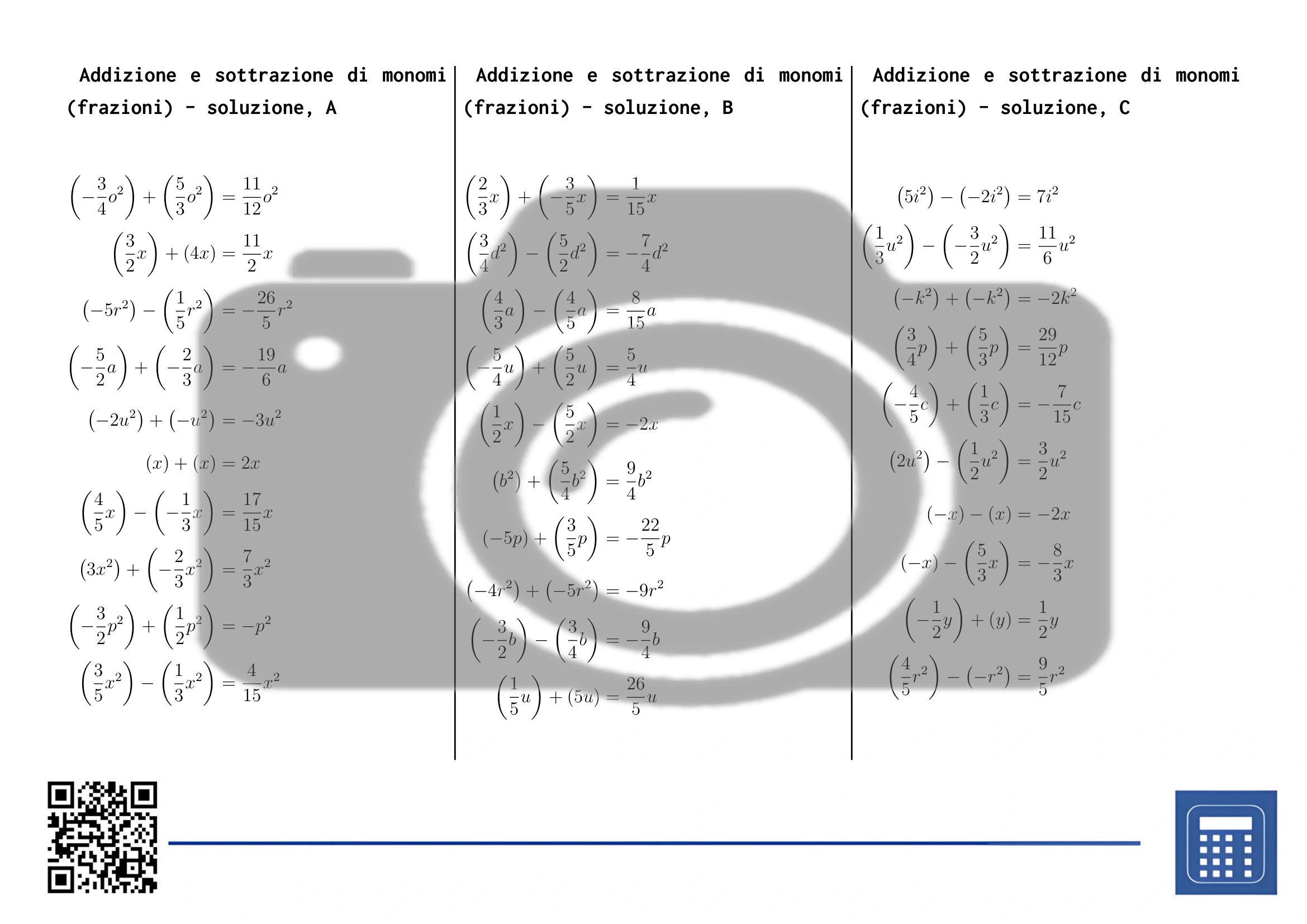 Scheda di lavoro: Addizione e sottrazione di monomi (frazioni) - immagine 4