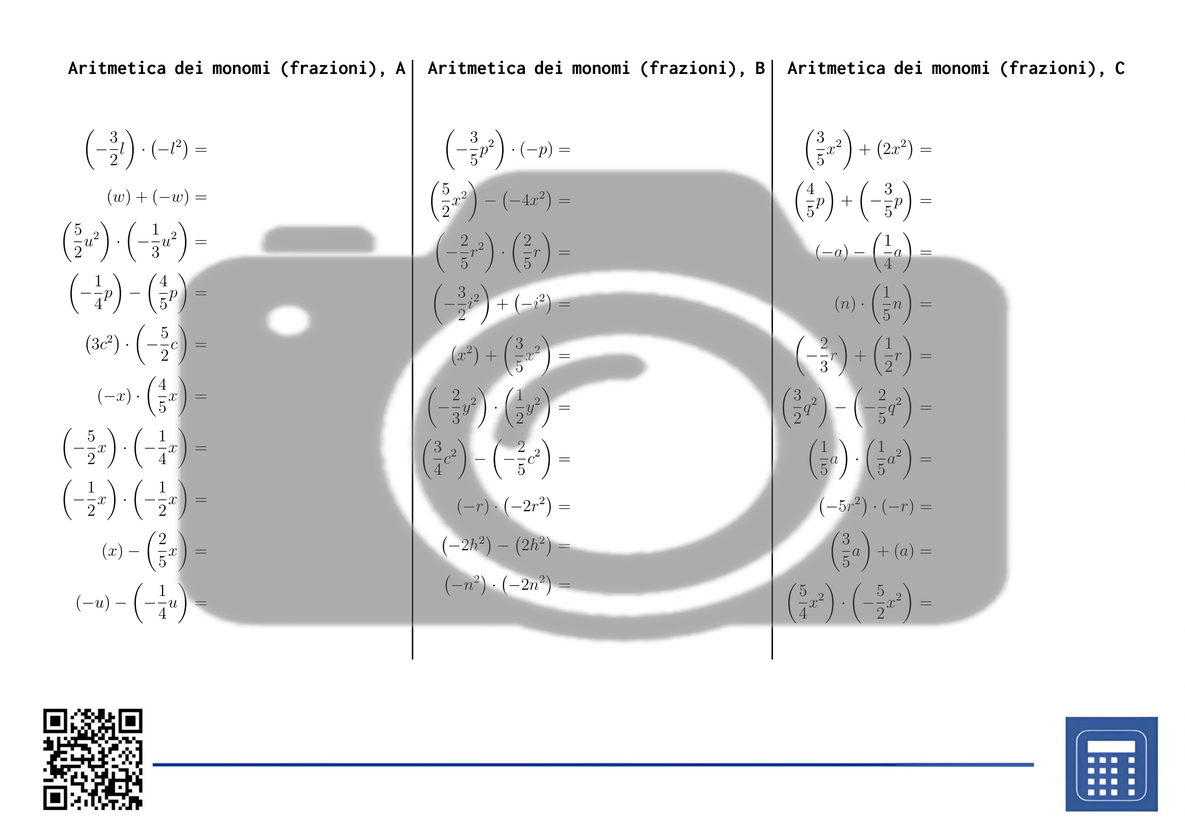Scheda di lavoro: Aritmetica dei monomi (frazioni) - immagine 2