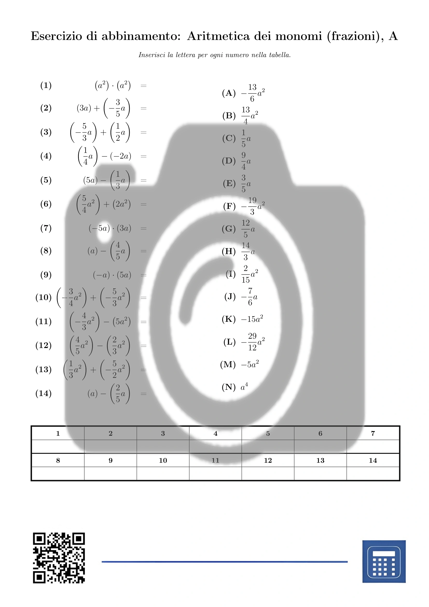 Esercizio di abbinamento: Aritmetica dei monomi (frazioni) - immagine 2