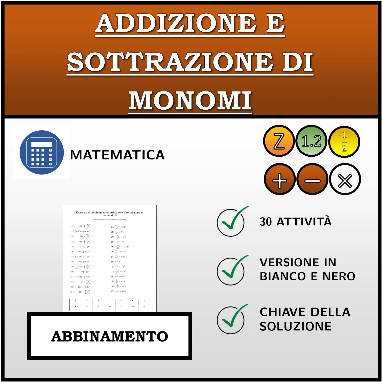 Esercizio di abbinamento: Addizione e sottrazione di monomi