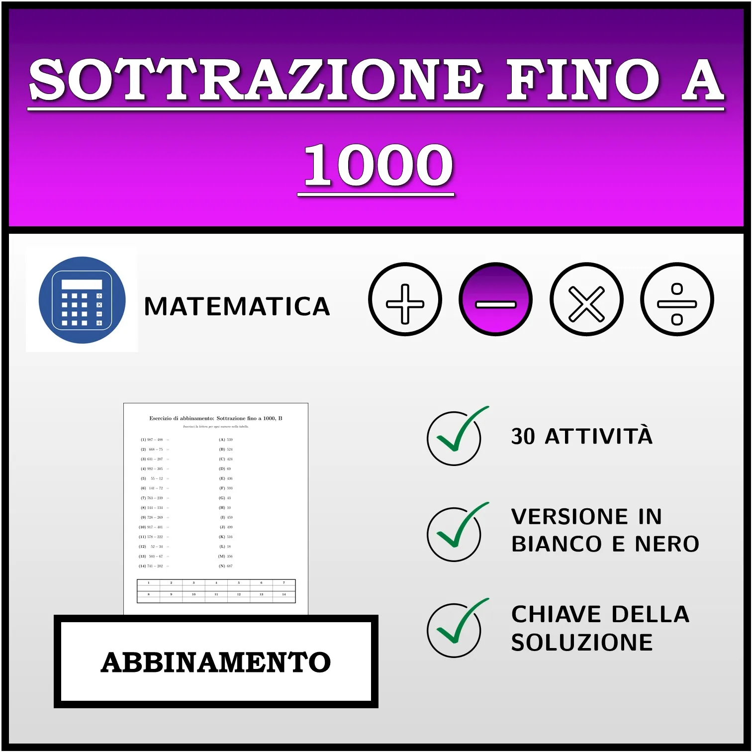 Esercizio di abbinamento: Sottrazione fino a 1000