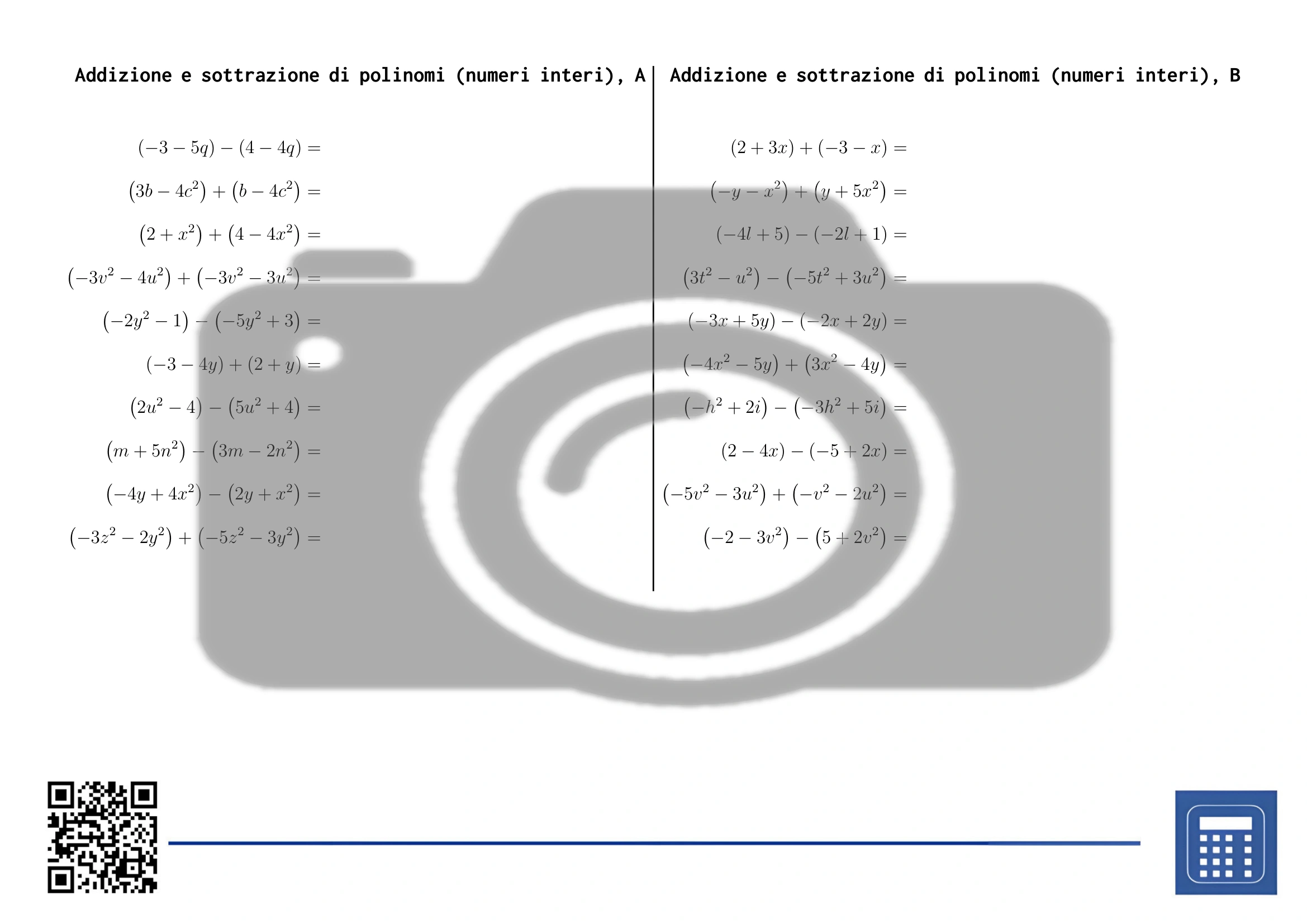 Scheda di lavoro: Addizione e sottrazione di polinomi (numeri interi) - immagine 2
