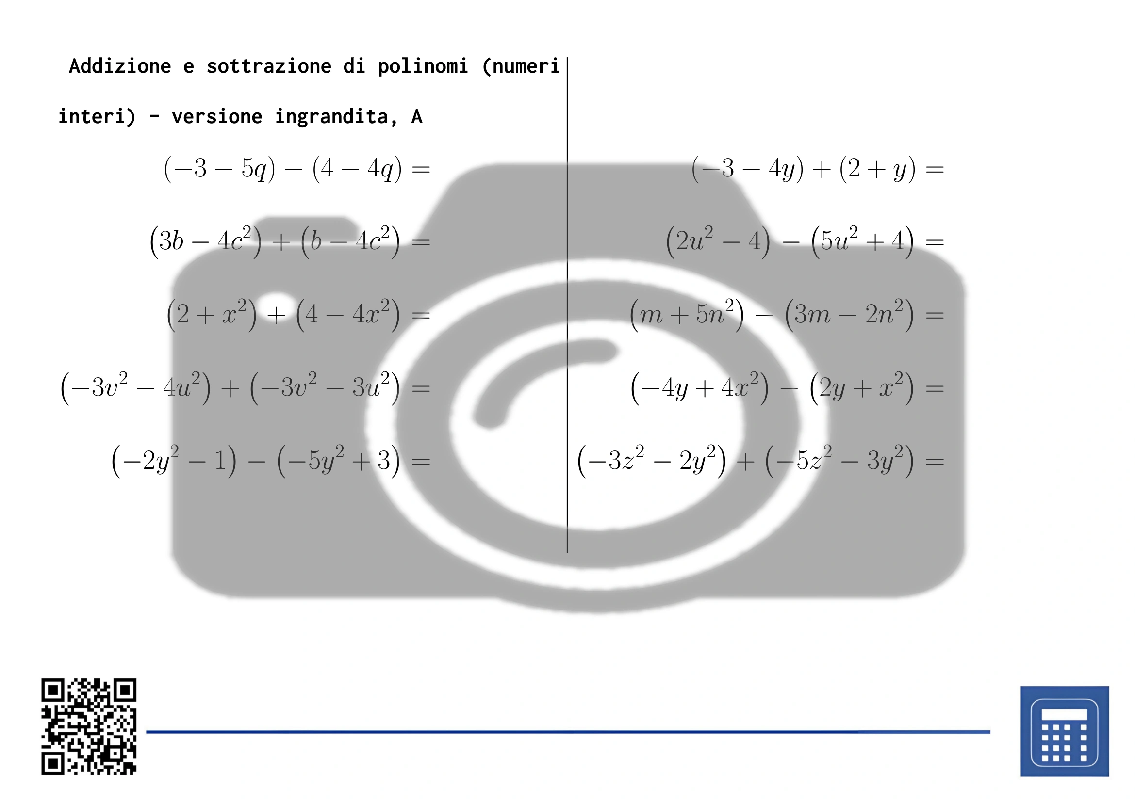 Scheda di lavoro: Addizione e sottrazione di polinomi (numeri interi) - immagine 3