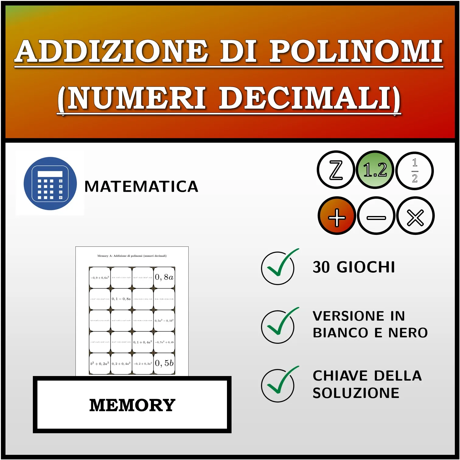 Memory: Addizione di polinomi (numeri decimali)