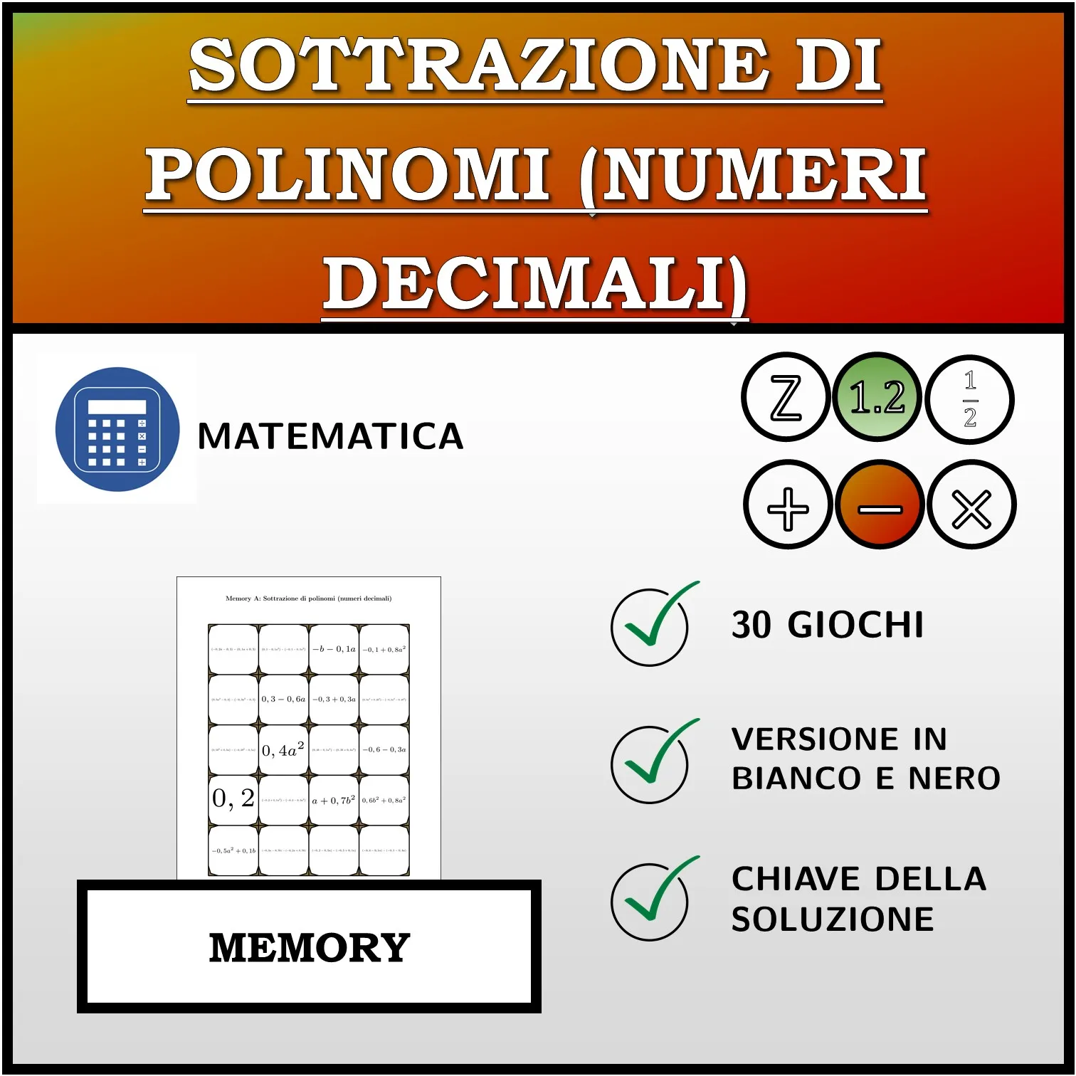 Memory: Sottrazione di polinomi (numeri decimali)
