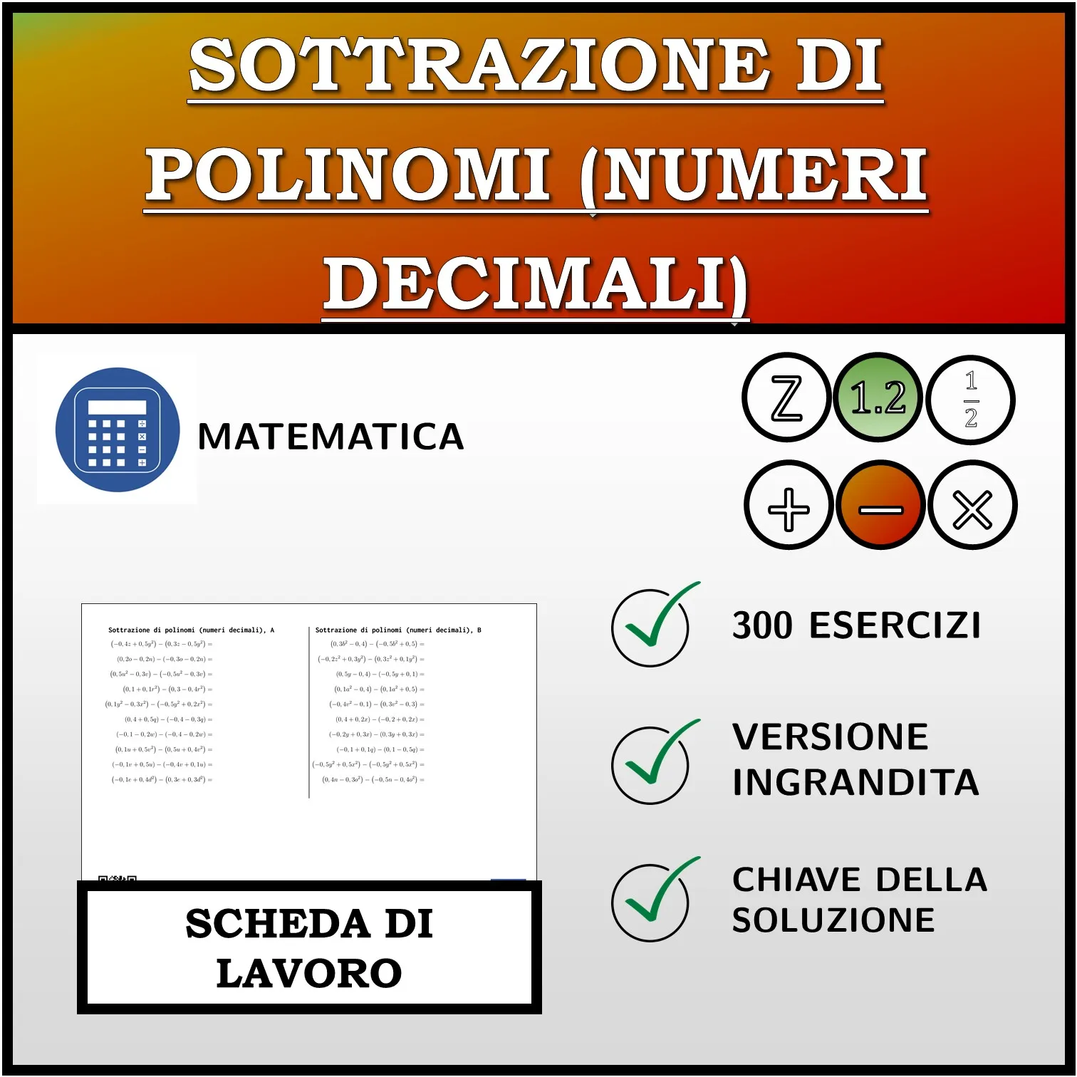 Scheda di lavoro: Sottrazione di polinomi (numeri decimali)