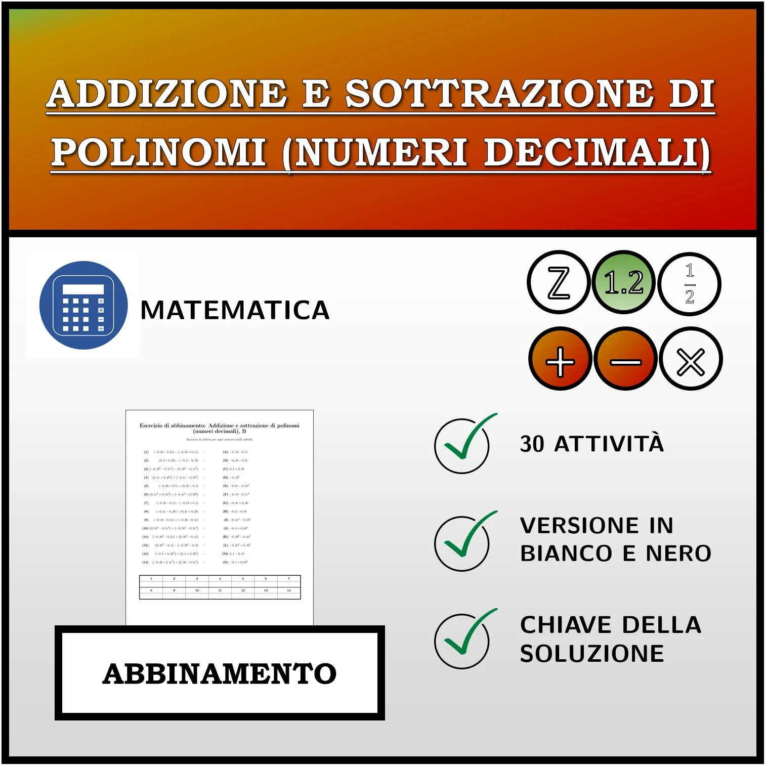 Esercizio di abbinamento: Addizione e sottrazione di polinomi (numeri decimali)