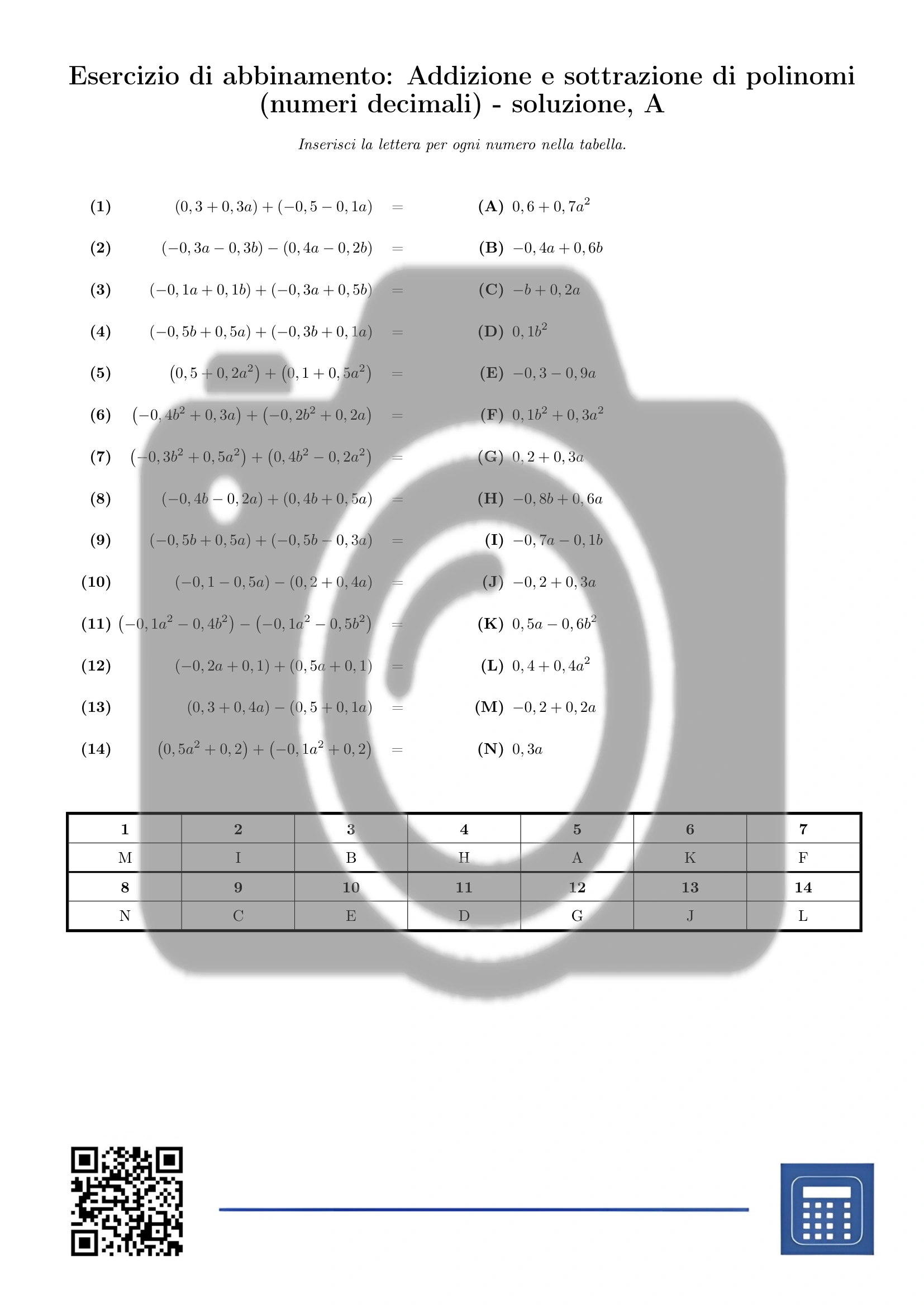 Esercizio di abbinamento: Addizione e sottrazione di polinomi (numeri decimali) - immagine 3