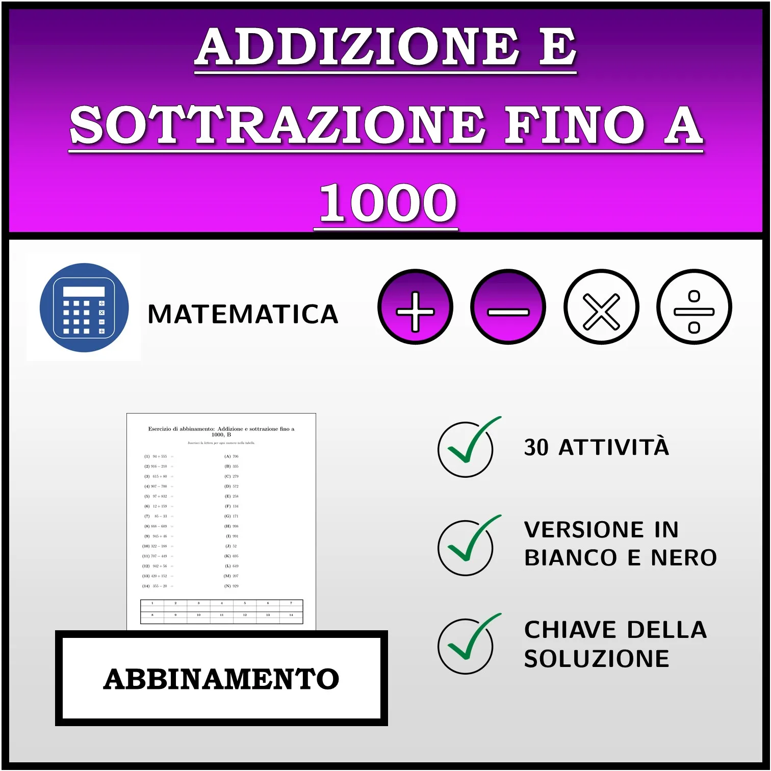 Esercizio di abbinamento: Addizione e sottrazione fino a 1000