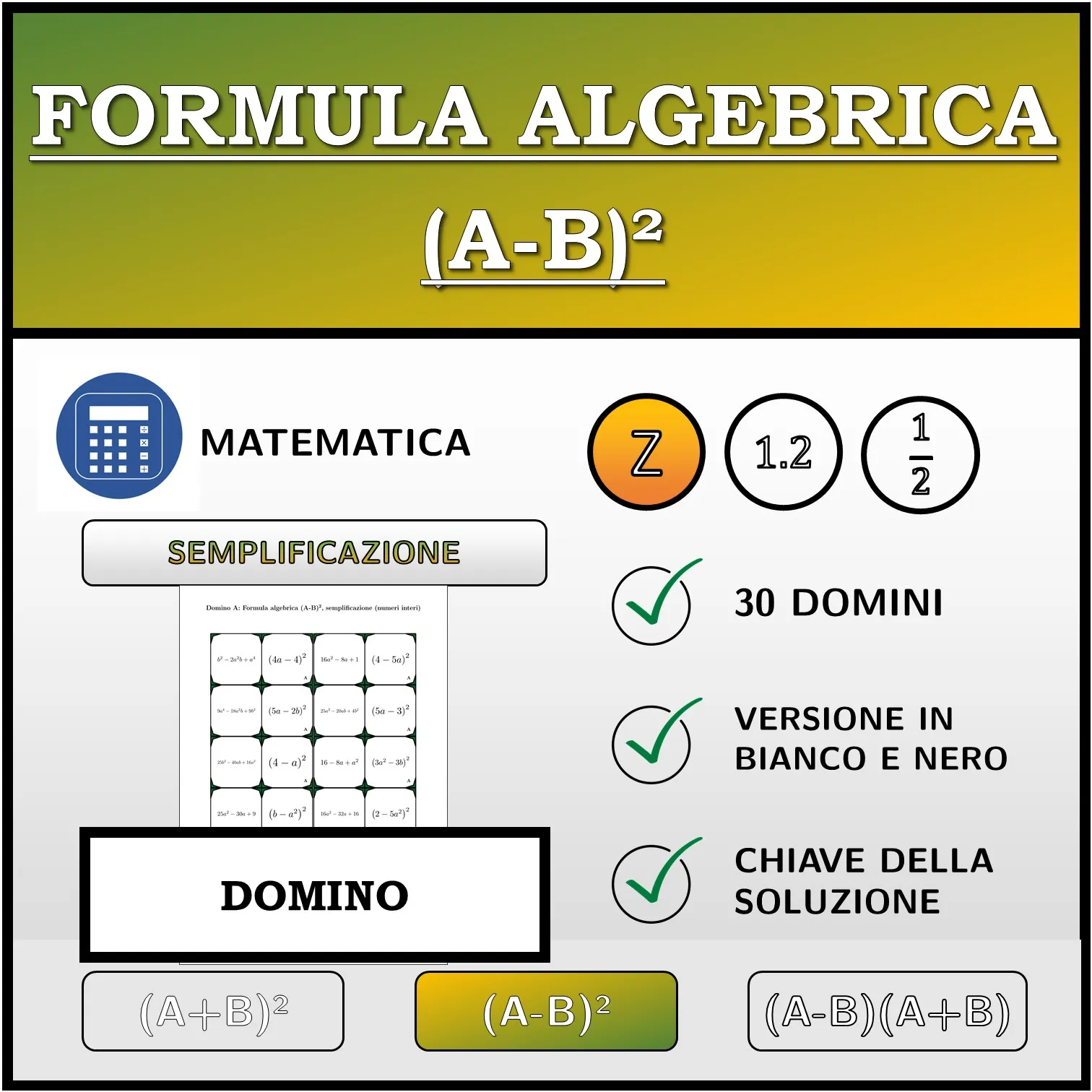 Domino: Formula algebrica (A-B)², semplificazione (numeri interi)