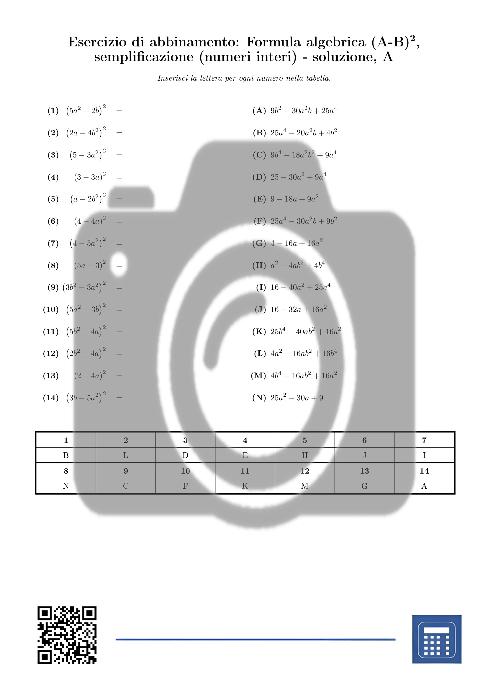 Esercizio di abbinamento: Formula algebrica (A-B)², semplificazione (numeri interi) - immagine 3