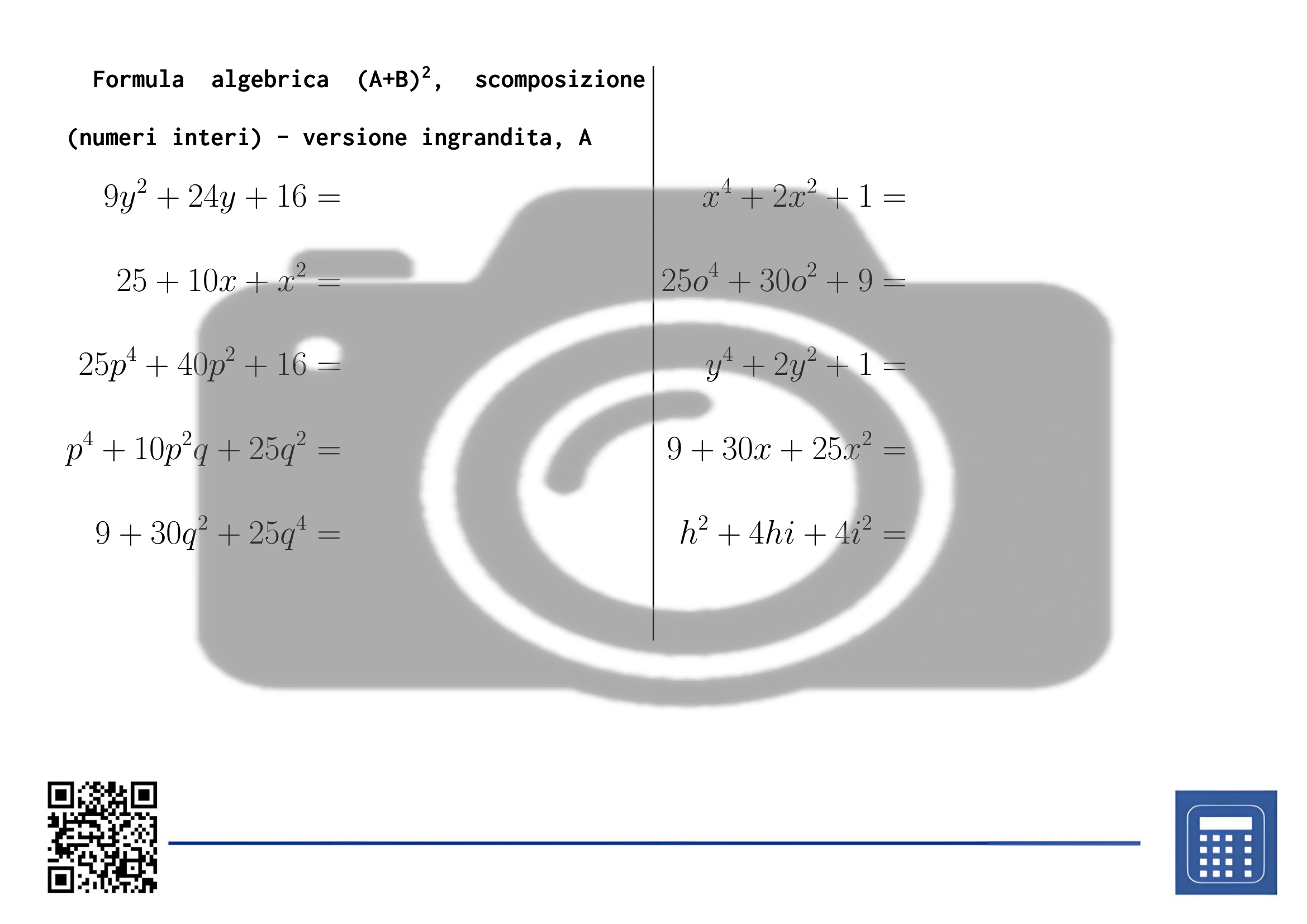 Scheda di lavoro: Formula algebrica (A+B)², scomposizione (numeri interi) - immagine 3