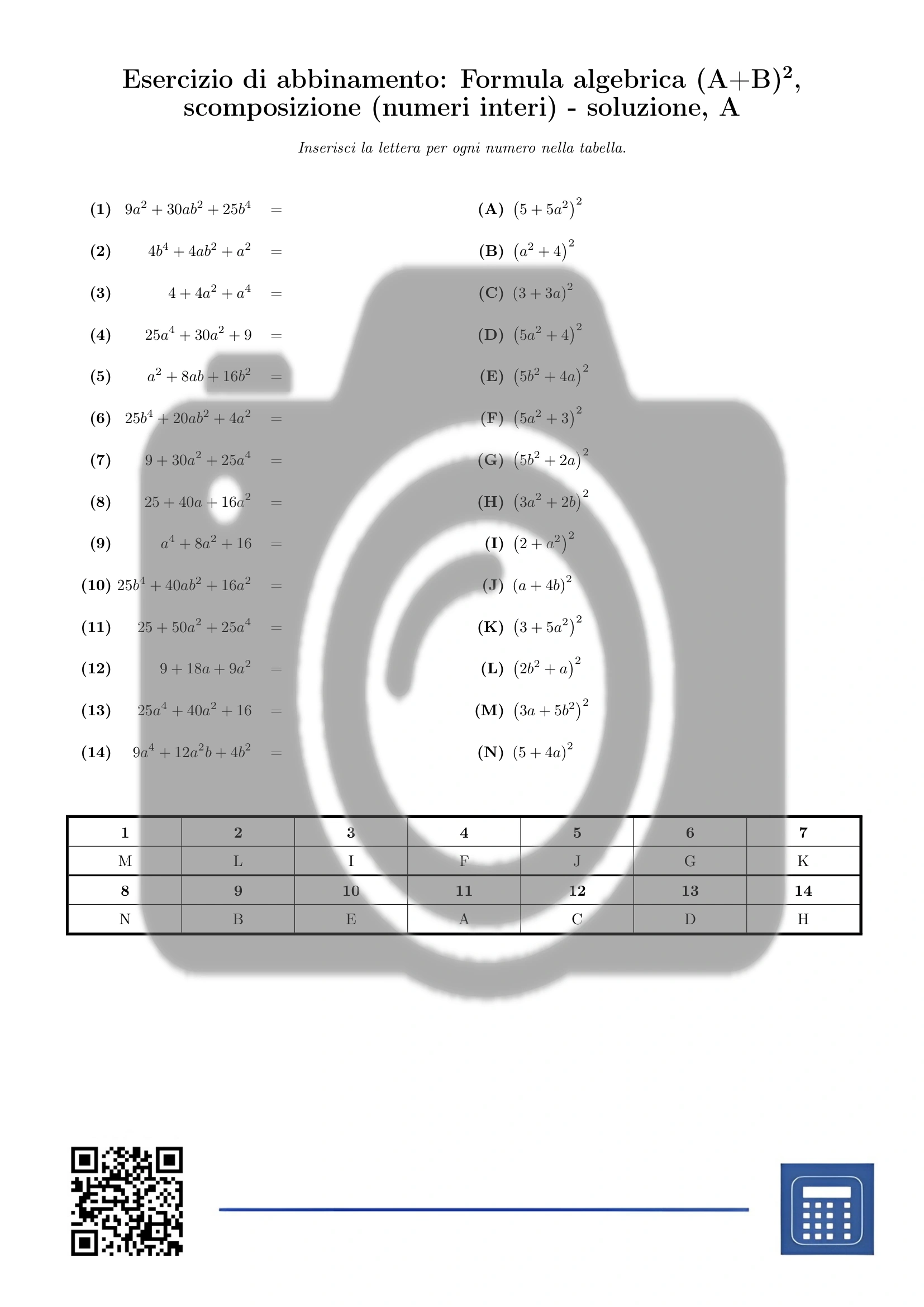 Esercizio di abbinamento: Formula algebrica (A+B)², scomposizione (numeri interi) - immagine 3