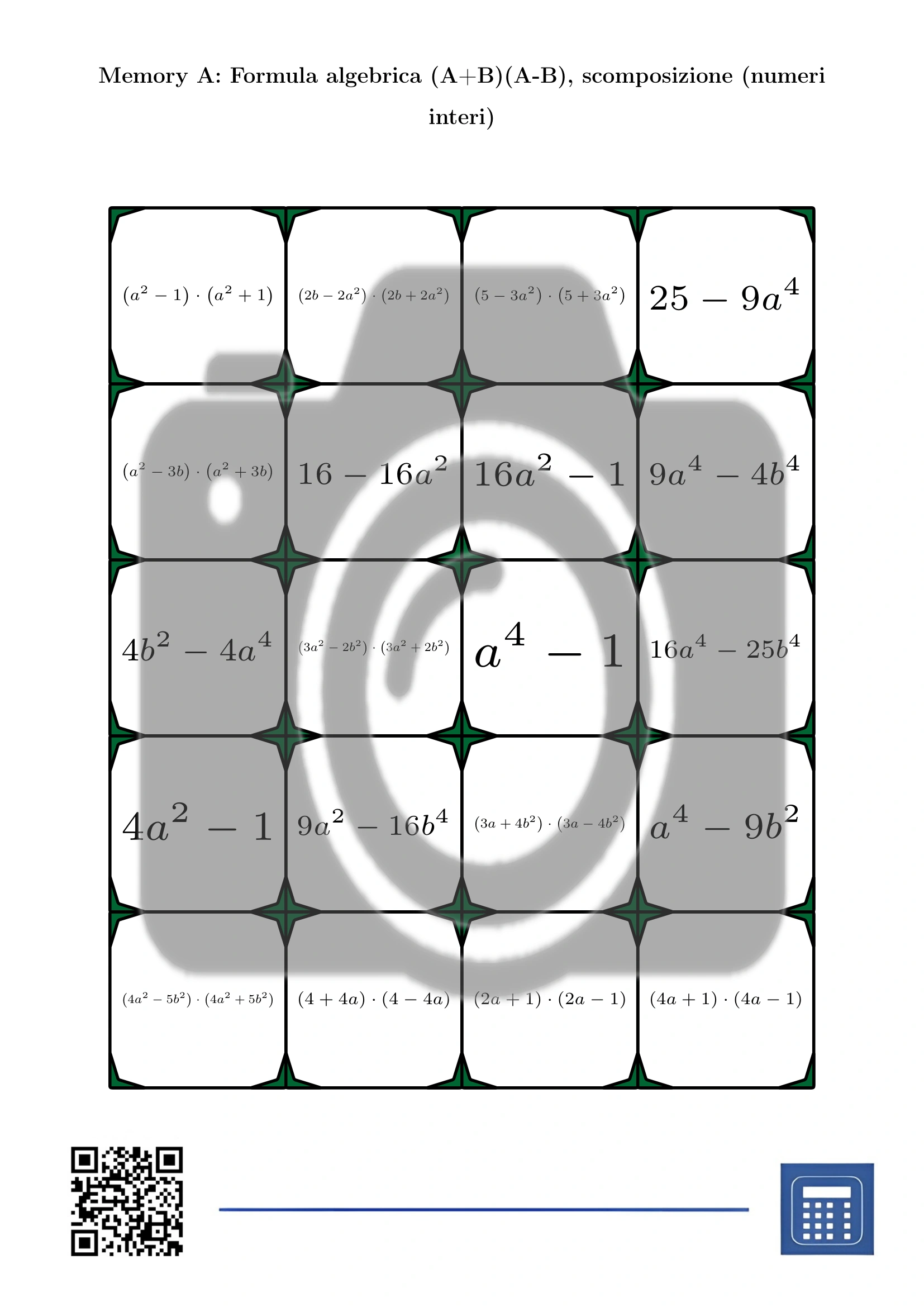 Memory: Formula algebrica (A+B)(A-B), scomposizione (numeri interi) - immagine 2