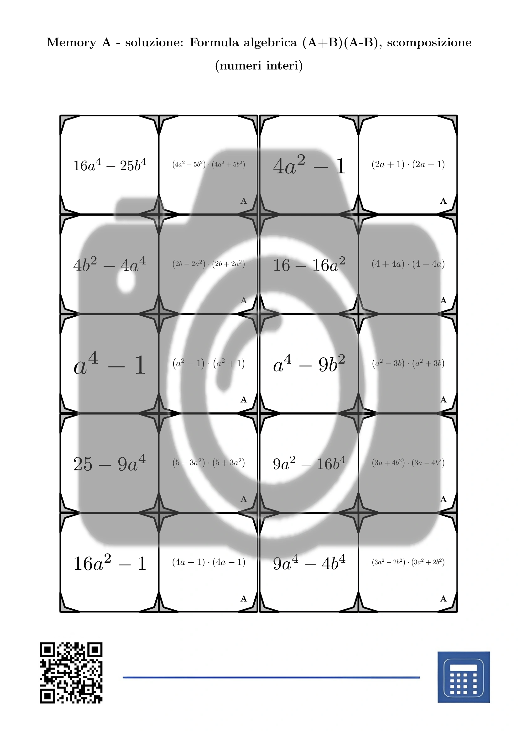 Memory: Formula algebrica (A+B)(A-B), scomposizione (numeri interi) - immagine 4