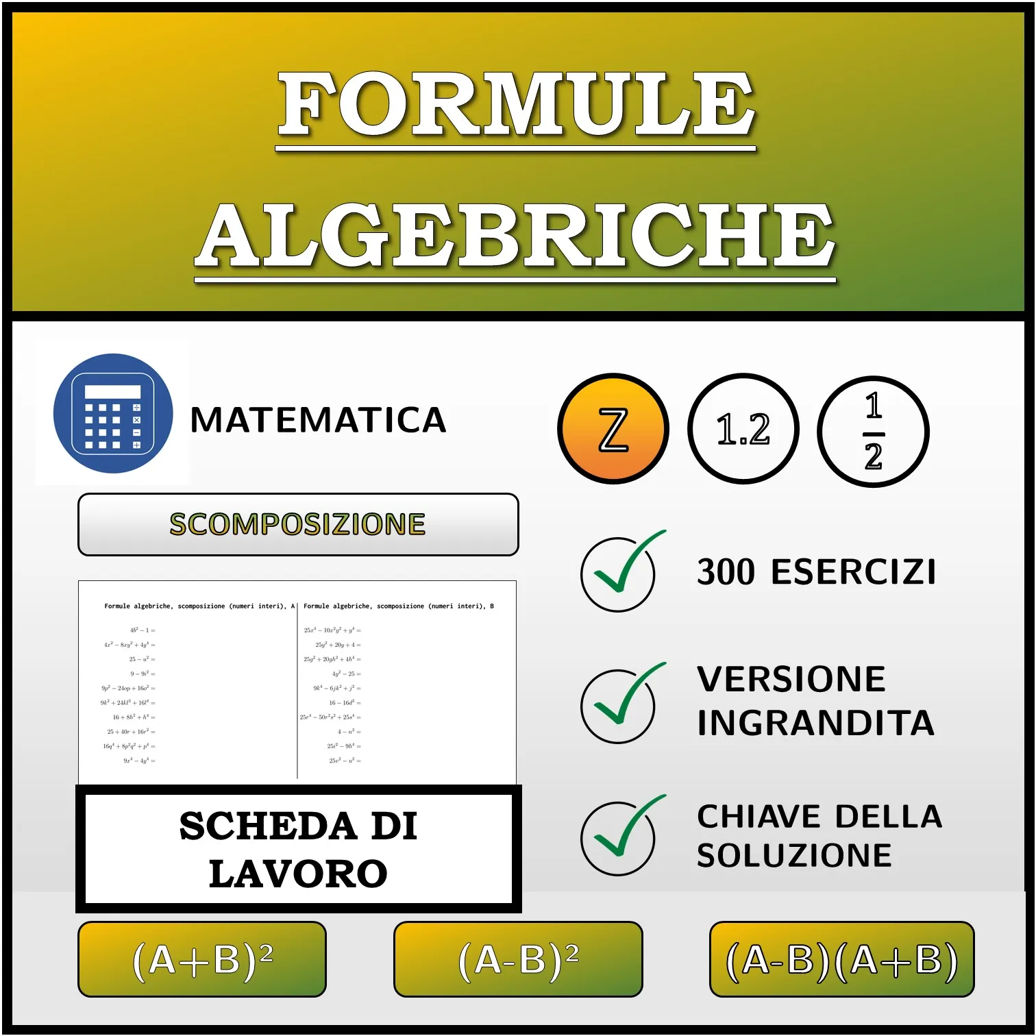 Scheda di lavoro: Formule algebriche, scomposizione (numeri interi)