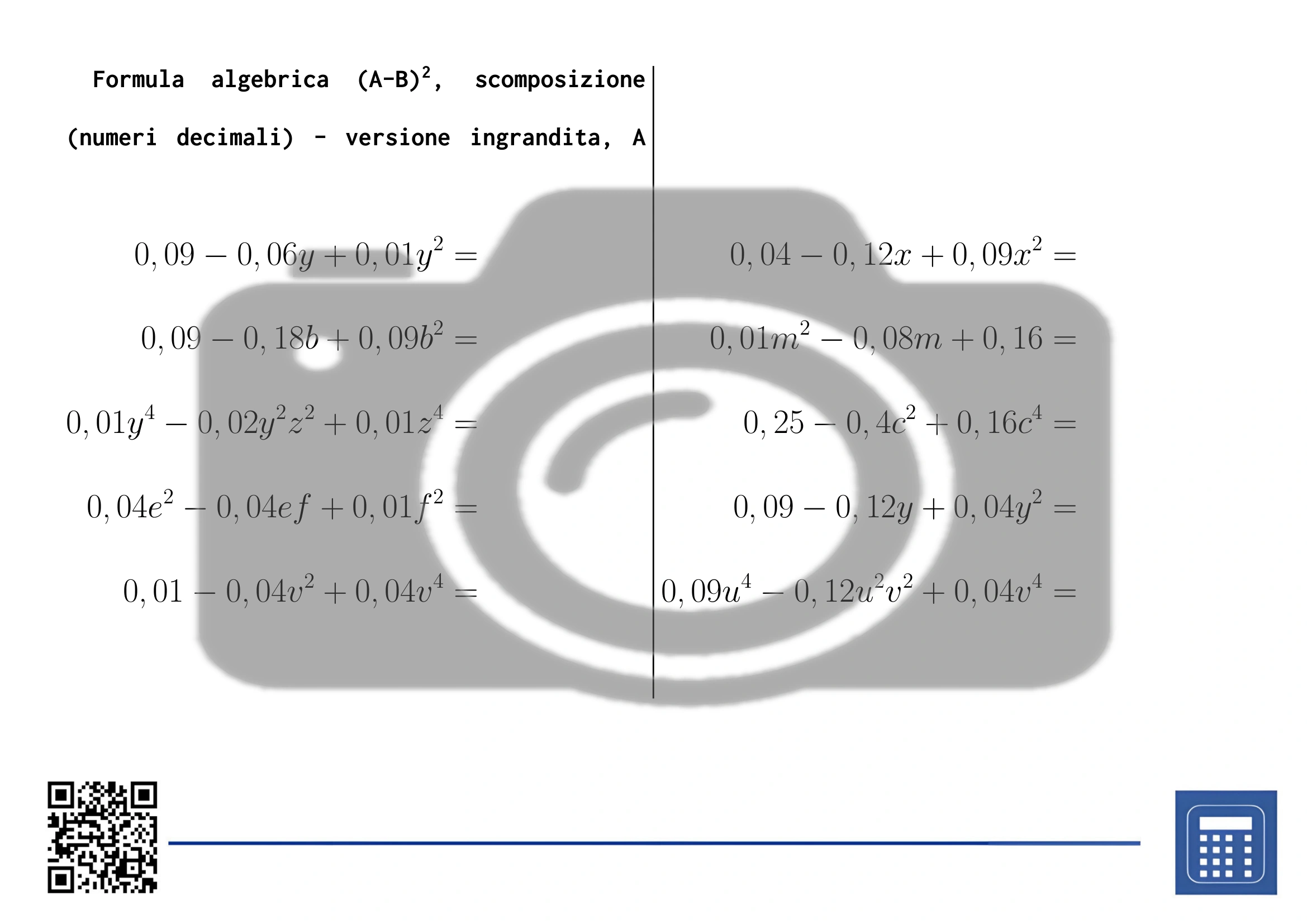 Scheda di lavoro: Formula algebrica (A-B)², scomposizione (numeri decimali) - immagine 3
