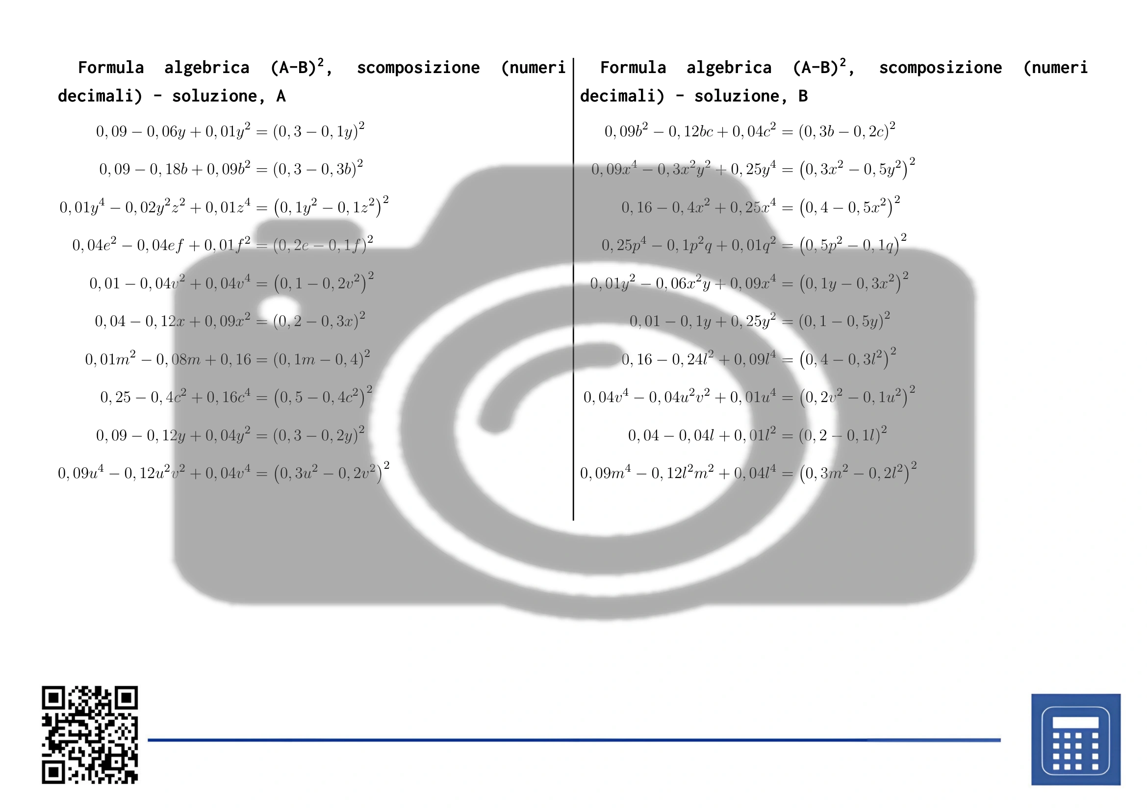 Scheda di lavoro: Formula algebrica (A-B)², scomposizione (numeri decimali) - immagine 4