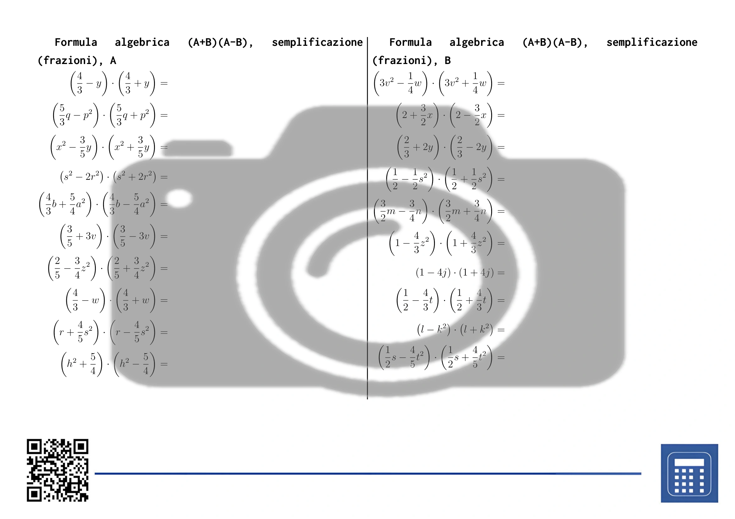 Scheda di lavoro: Formula algebrica (A+B)(A-B), semplificazione (frazioni) - immagine 2