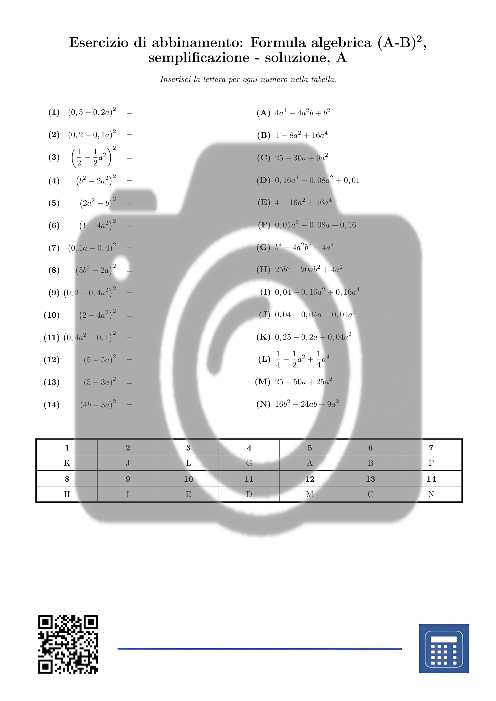 Esercizio di abbinamento: Formula algebrica (A-B)², semplificazione - immagine 3