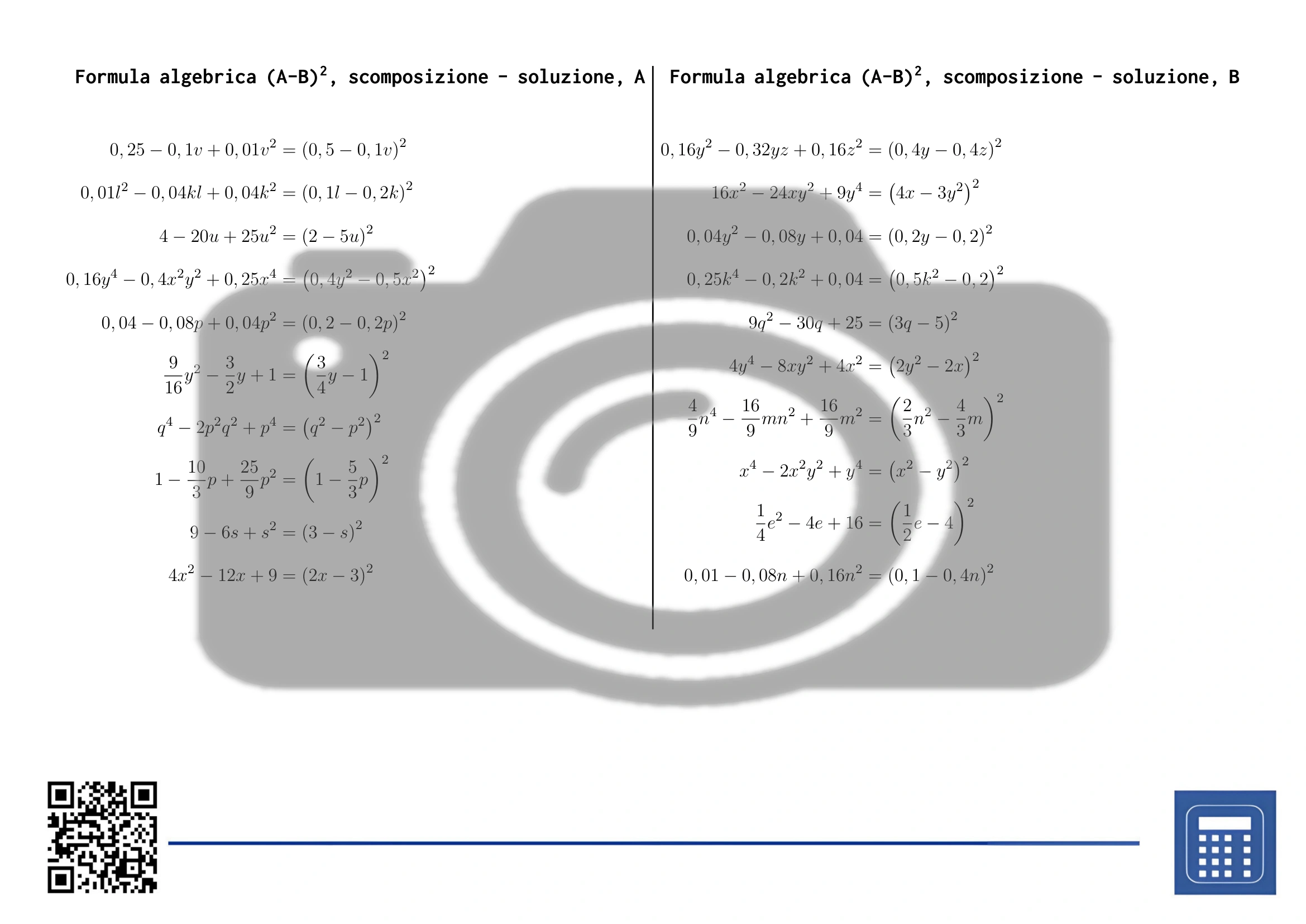 Scheda di lavoro: Formula algebrica (A-B)², scomposizione - immagine 4