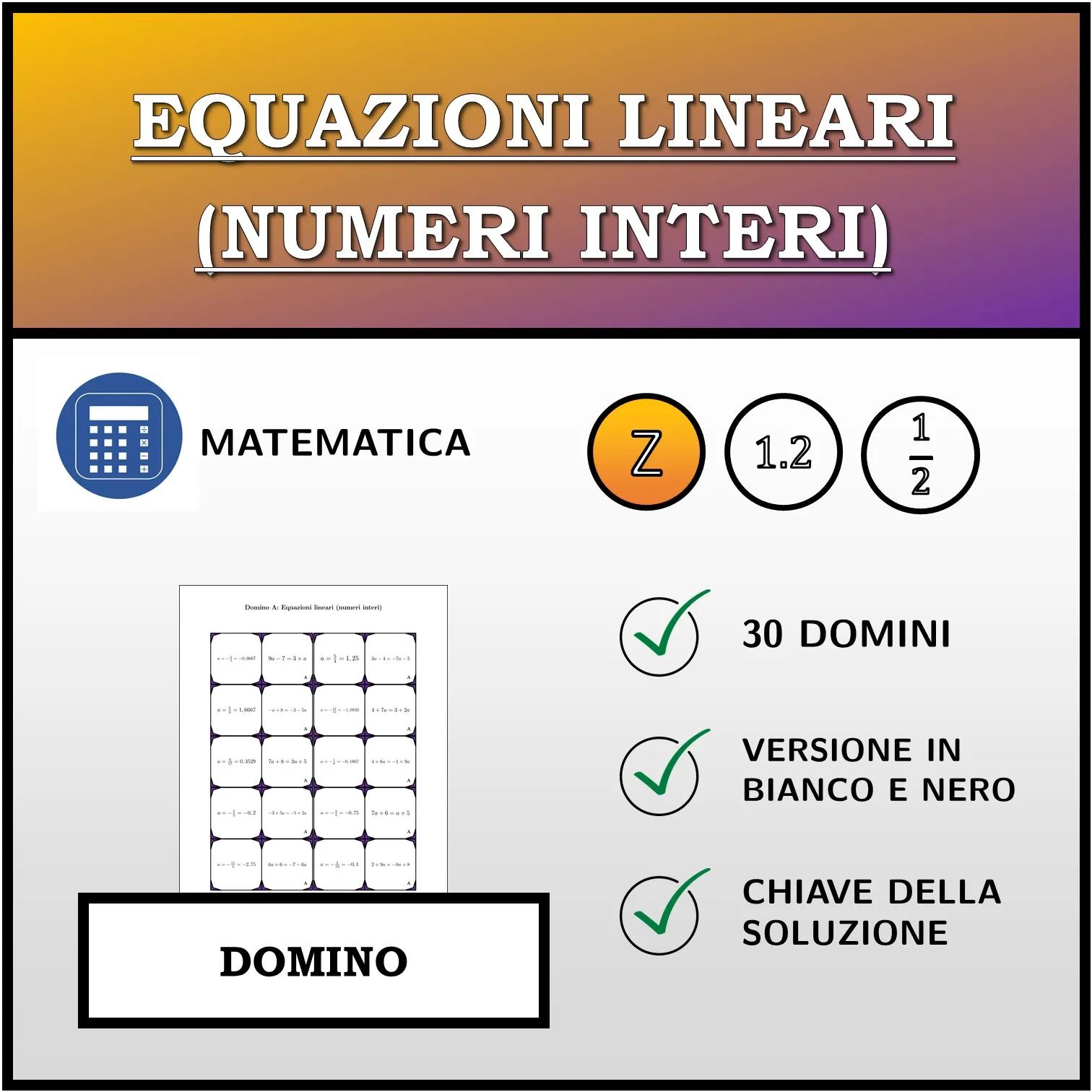 Domino: Equazioni lineari (numeri interi)