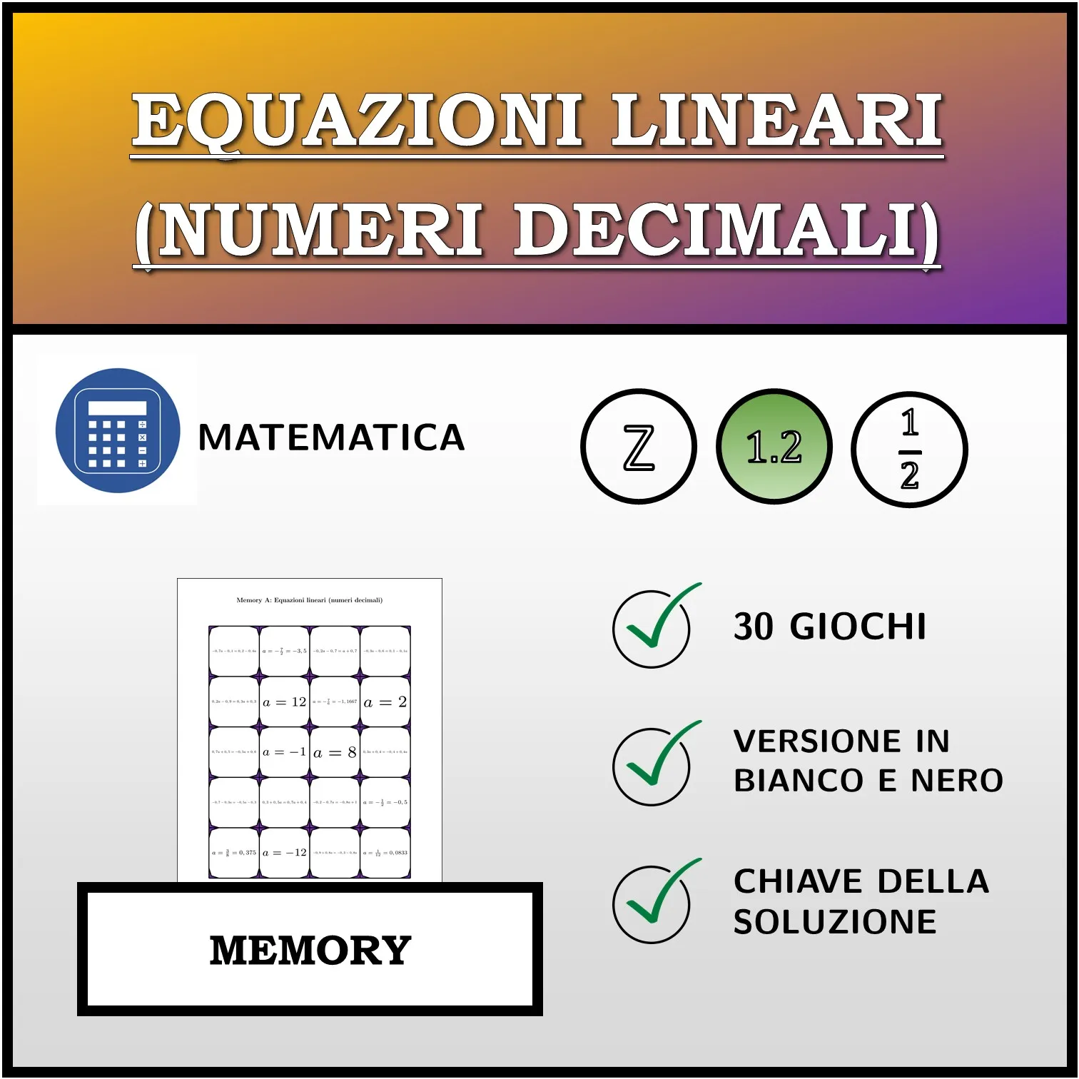 Memory: Equazioni lineari (numeri decimali)