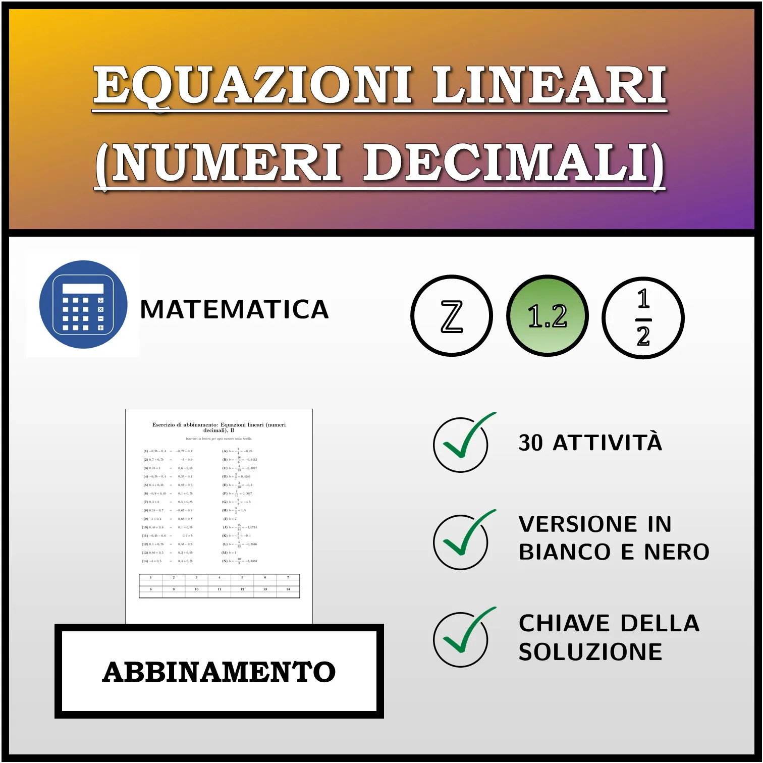 Esercizio di abbinamento: Equazioni lineari (numeri decimali)