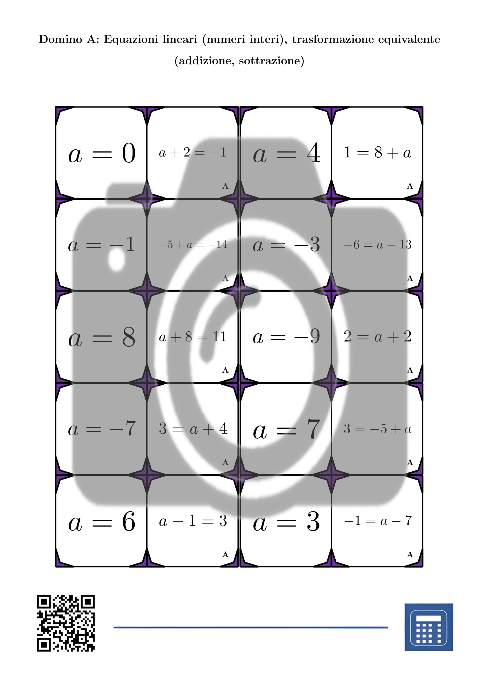 Domino: Equazioni lineari (numeri interi), trasformazione equivalente (addizione, sottrazione) - immagine 2