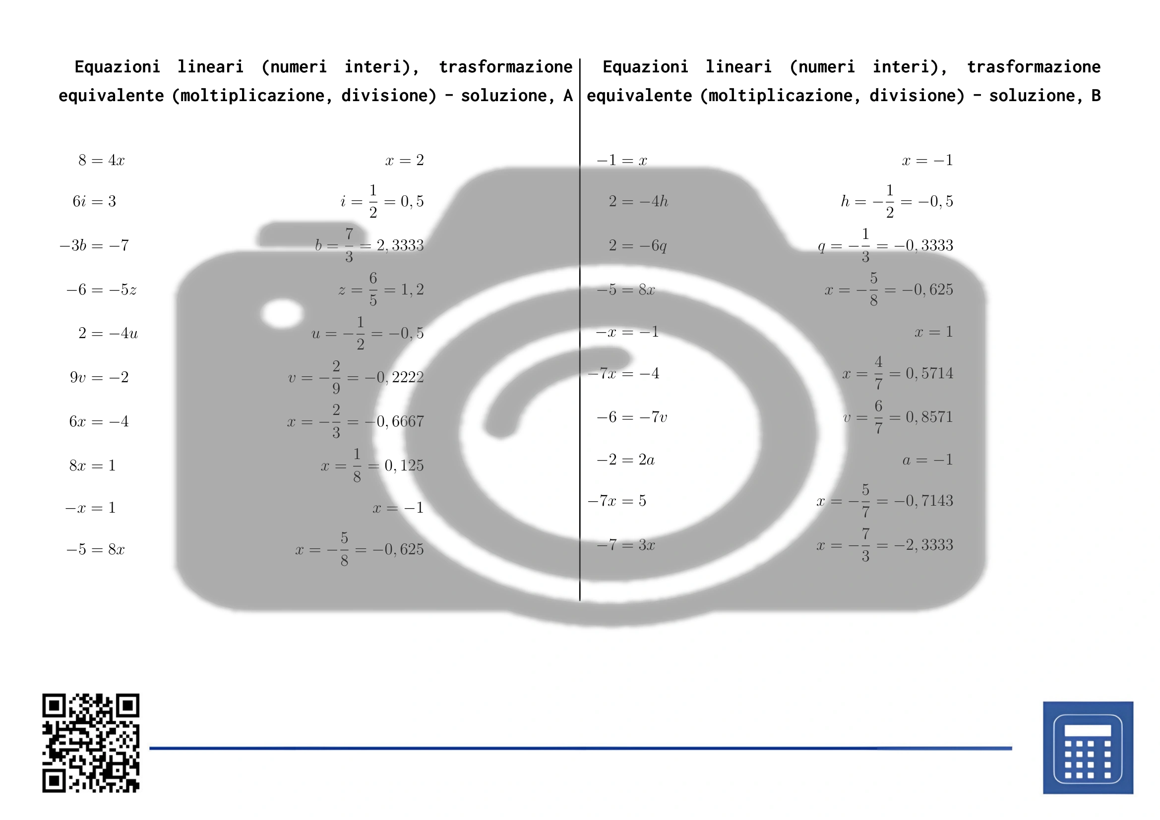 Scheda di lavoro: Equazioni lineari (numeri interi), trasformazione equivalente (moltiplicazione, divisione) - immagine 4