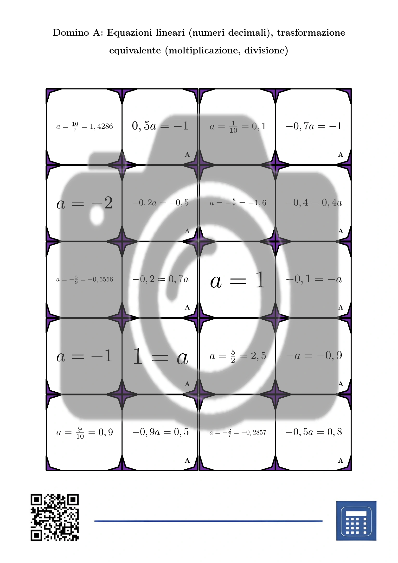 Domino: Equazioni lineari (numeri decimali), trasformazione equivalente (moltiplicazione, divisione) - immagine 2