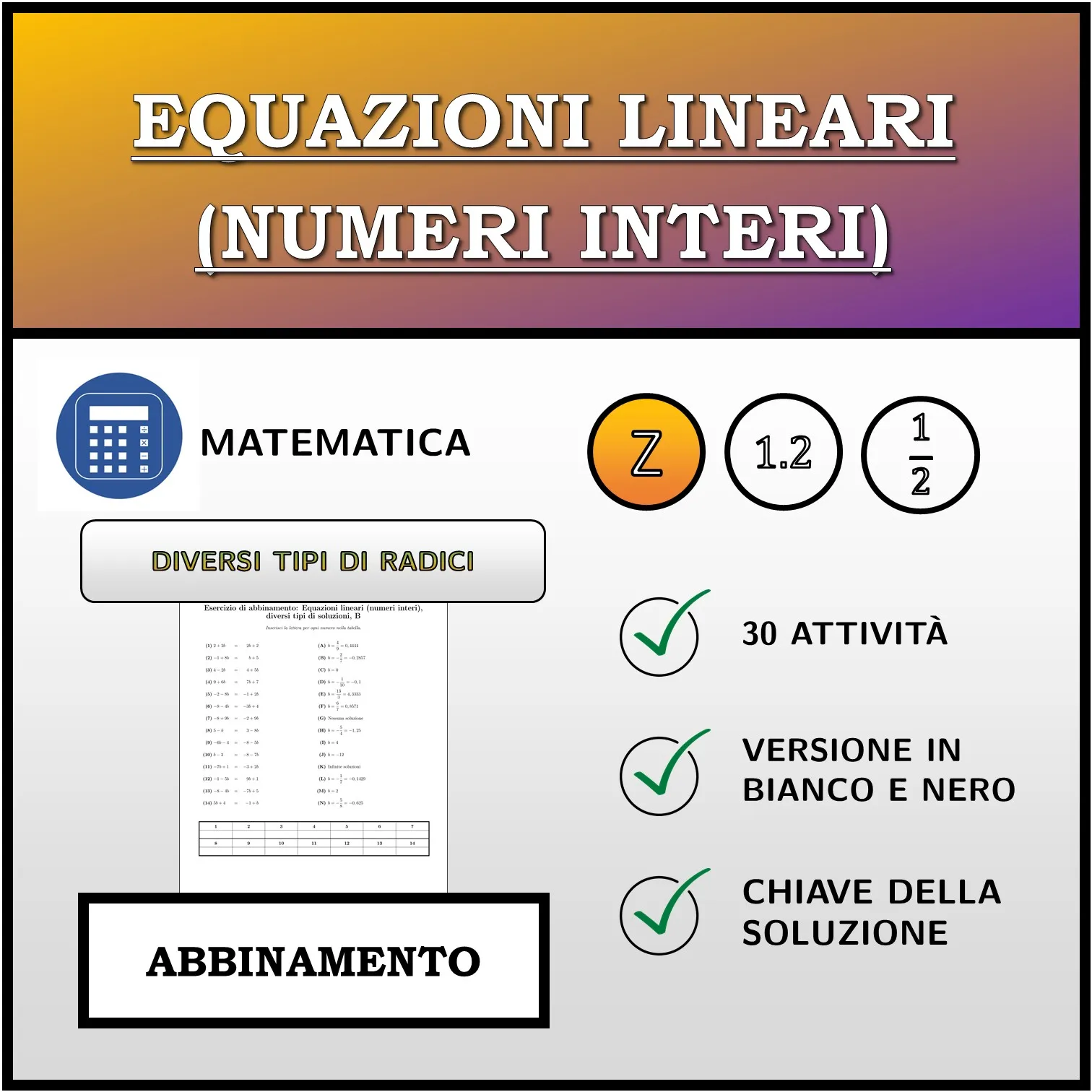 Esercizio di abbinamento: Equazioni lineari (numeri interi), diversi tipi di soluzioni