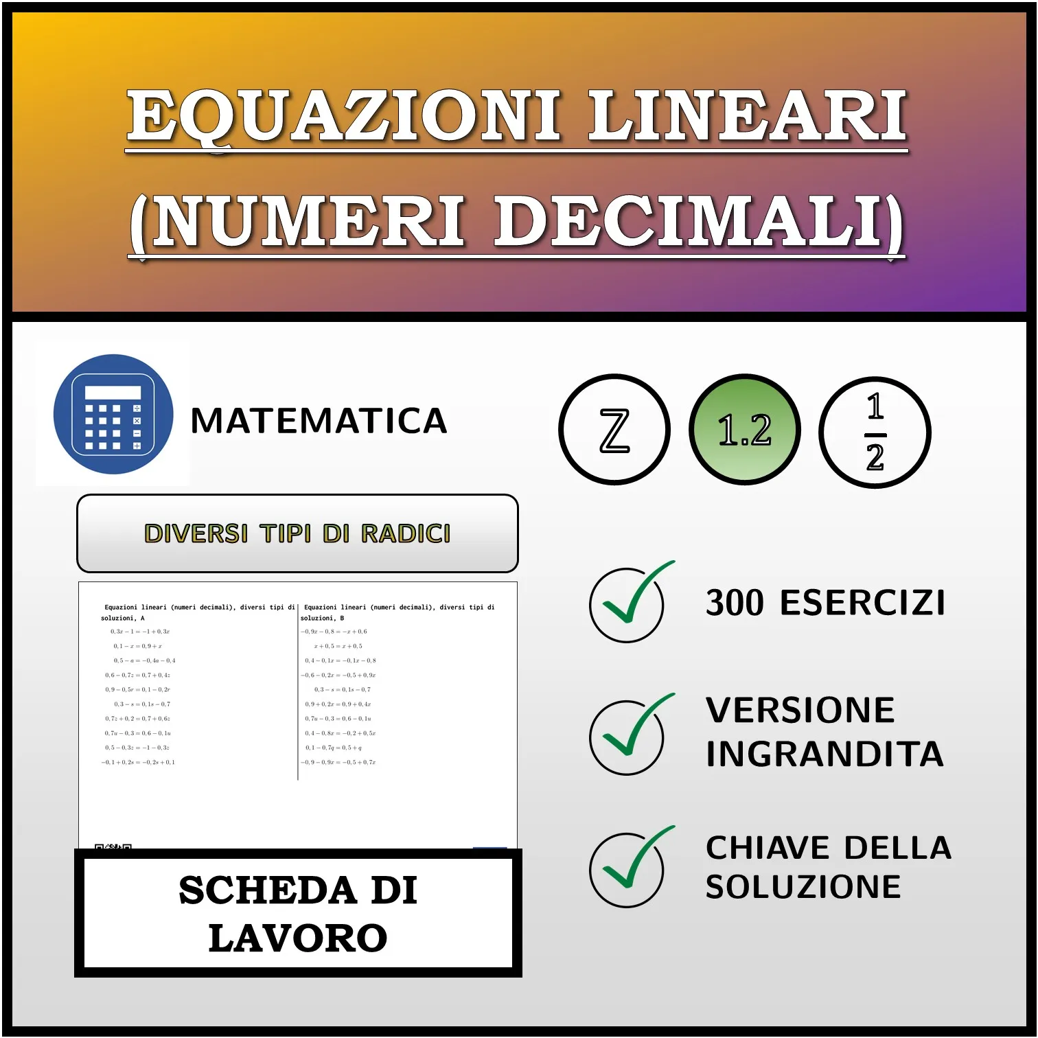 Scheda di lavoro: Equazioni lineari (numeri decimali), diversi tipi di soluzioni