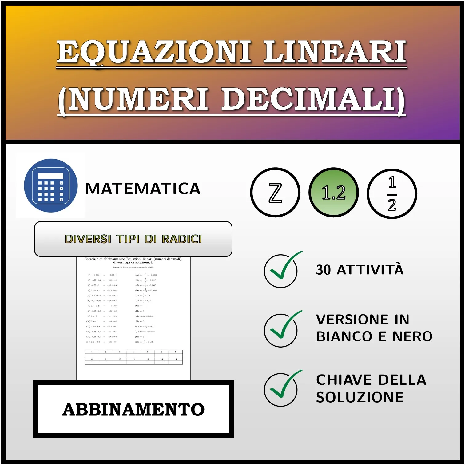 Esercizio di abbinamento: Equazioni lineari (numeri decimali), diversi tipi di soluzioni
