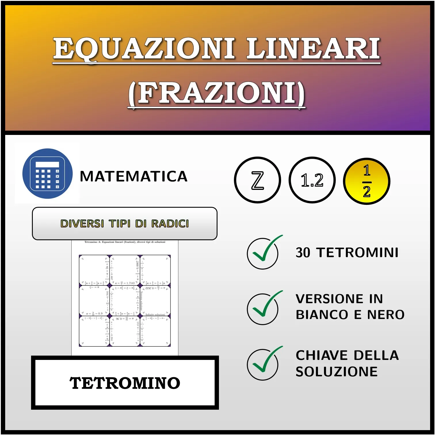 Tetramino: Equazioni lineari (frazioni), diversi tipi di soluzioni