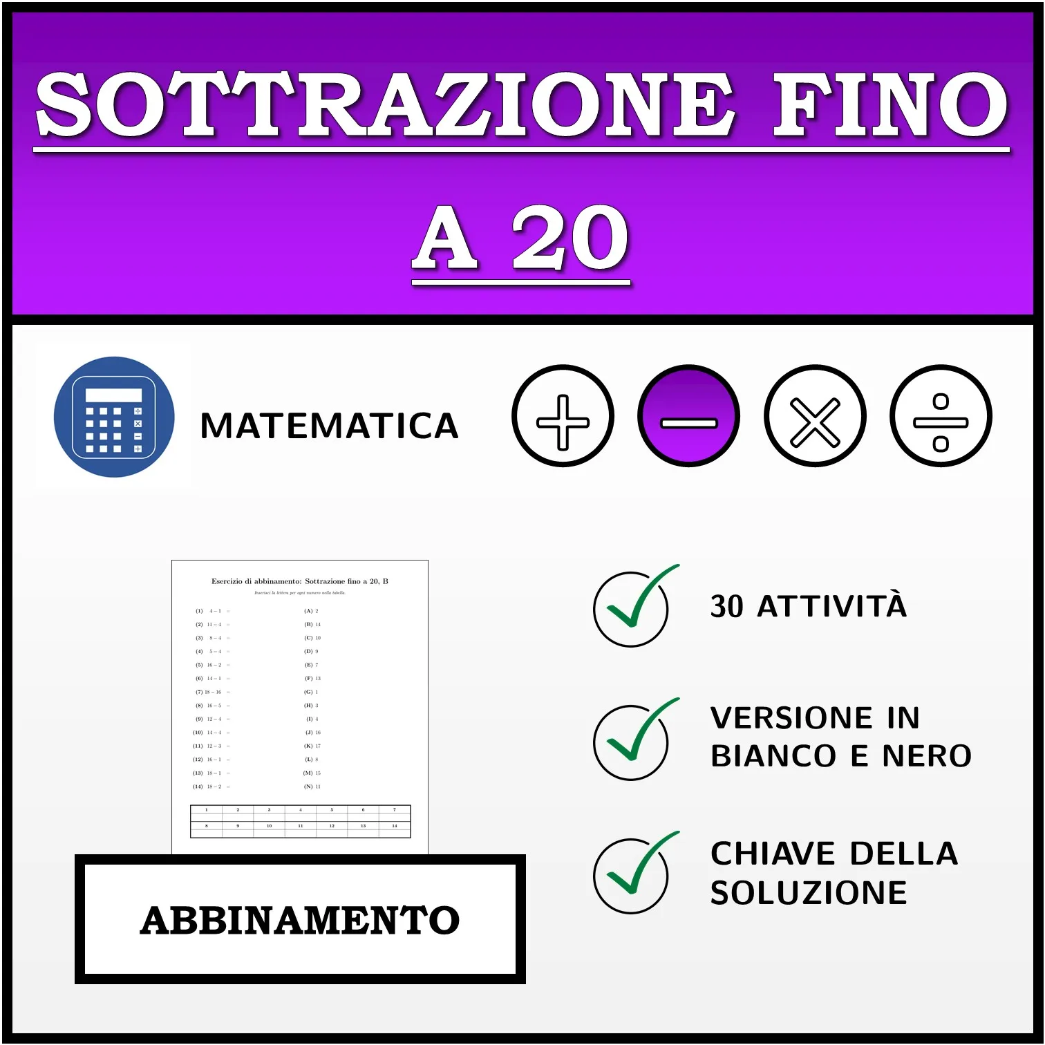 Esercizio di abbinamento: Sottrazione fino a 20