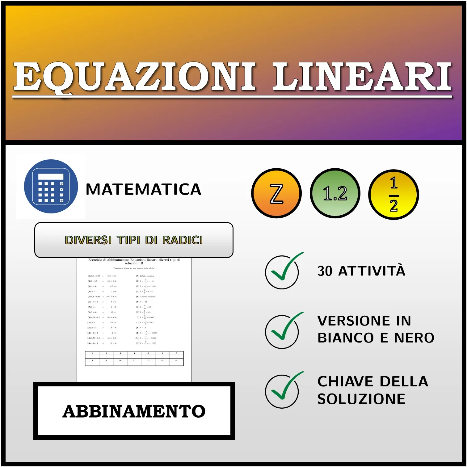 Esercizio di abbinamento: Equazioni lineari, diversi tipi di soluzioni
