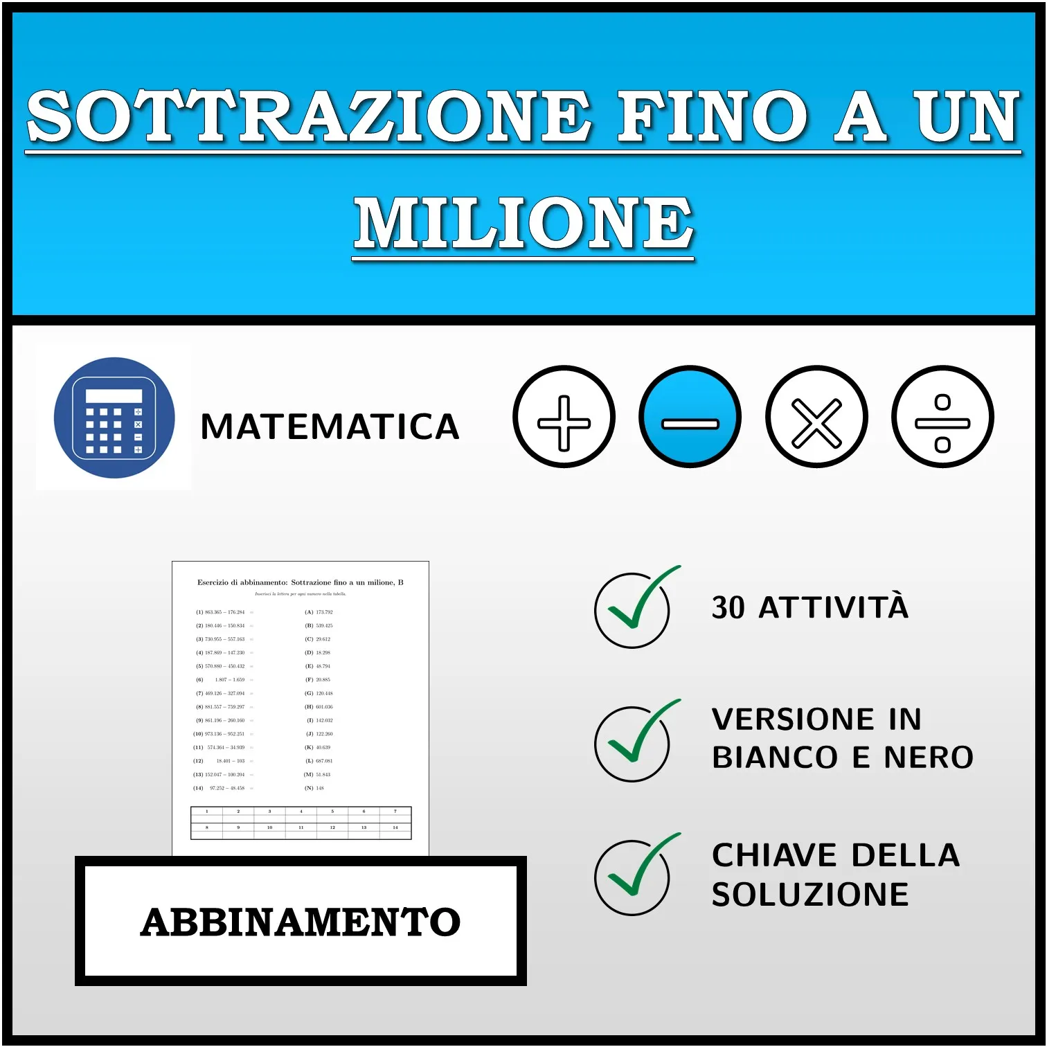 Esercizio di abbinamento: Sottrazione fino a un milione
