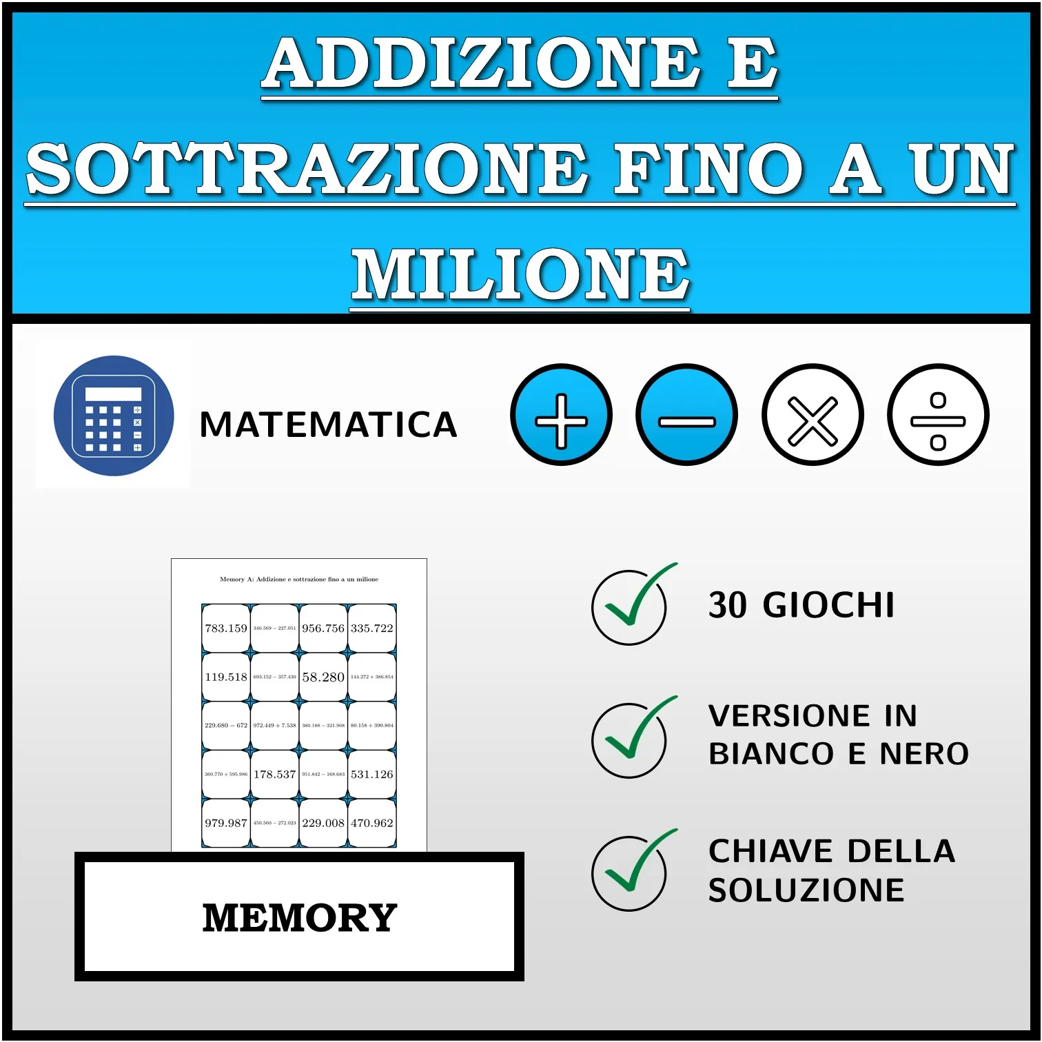 Memory: Addizione e sottrazione fino a un milione