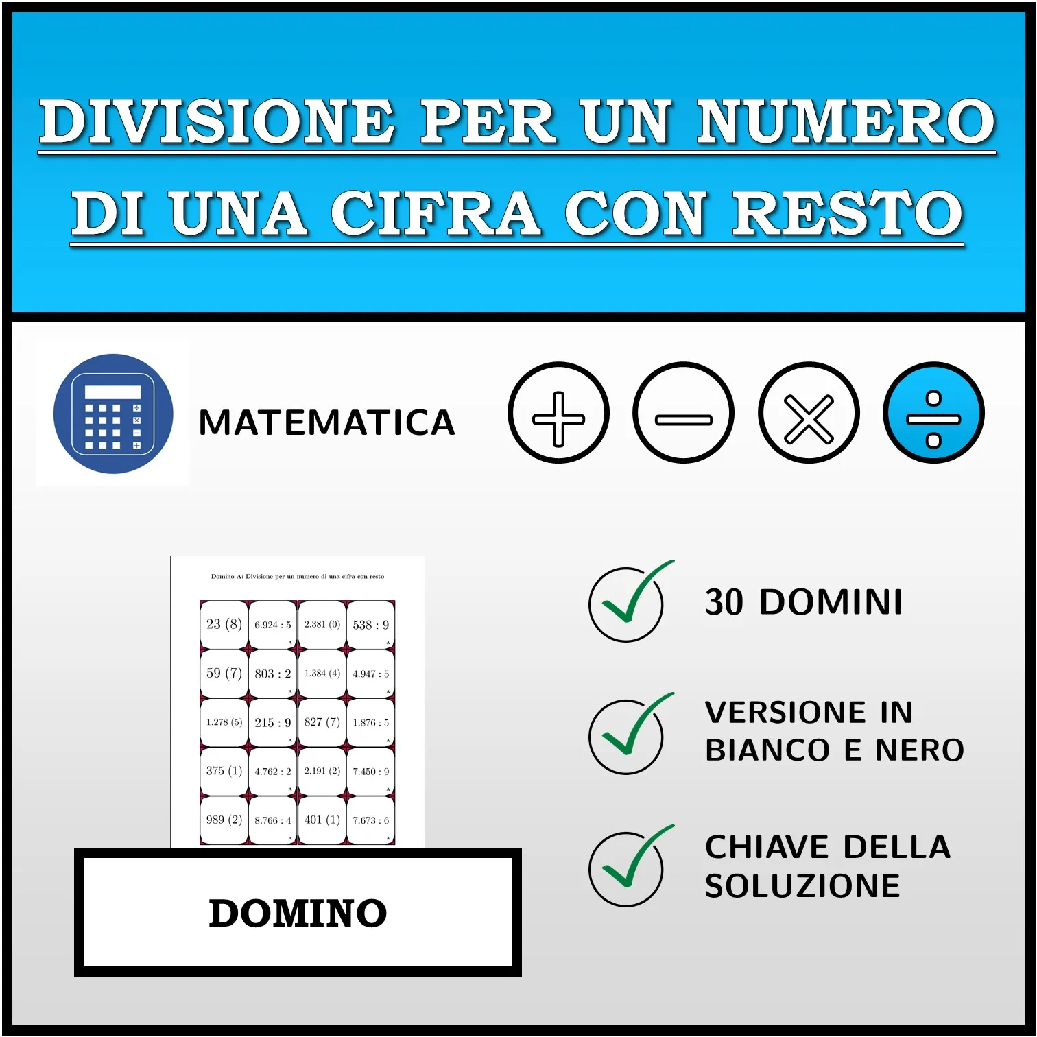 Domino: Divisione per un numero di una cifra con resto